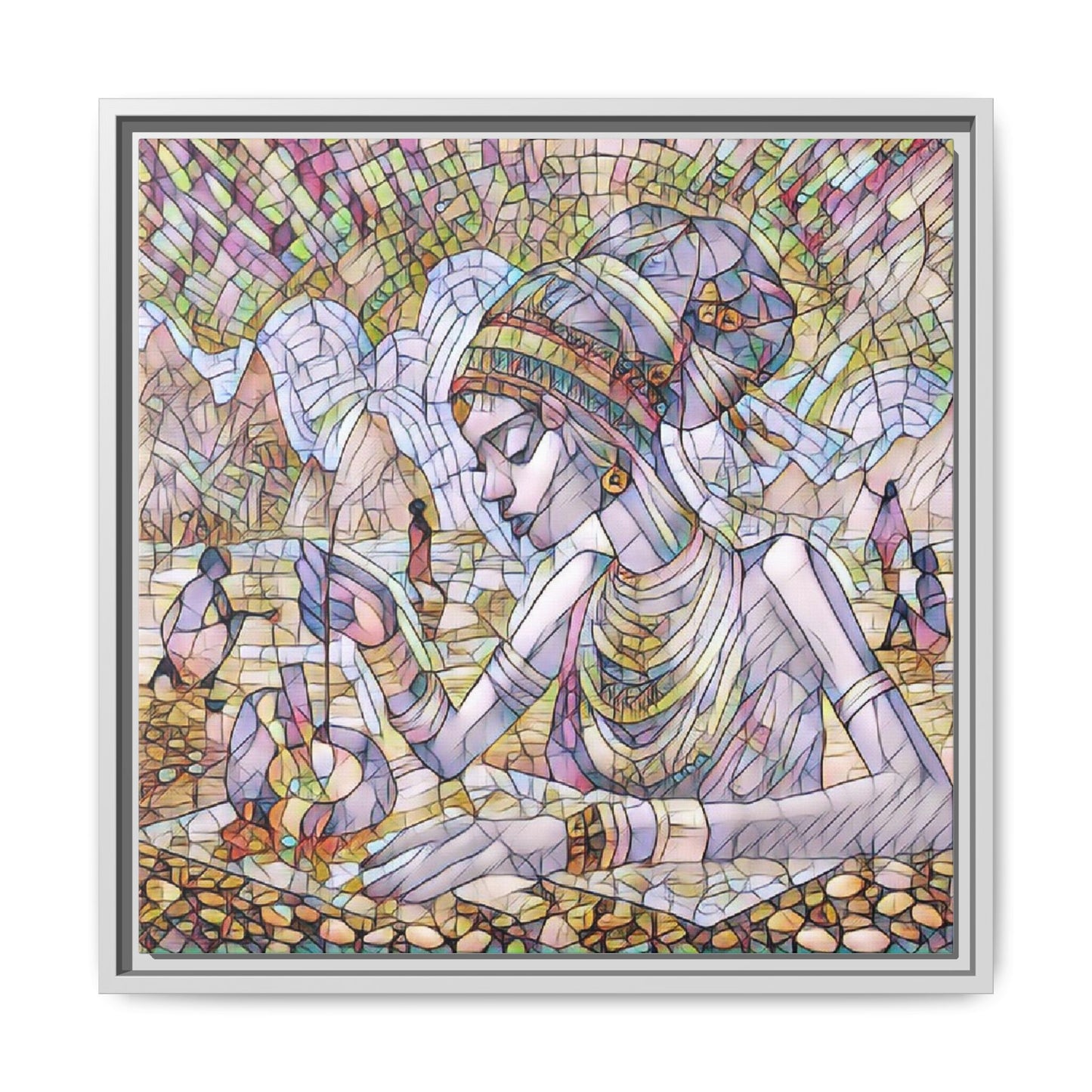 Framed Matte Canvas Art — Mosaic-Inspired Egyptian Woman Illustration