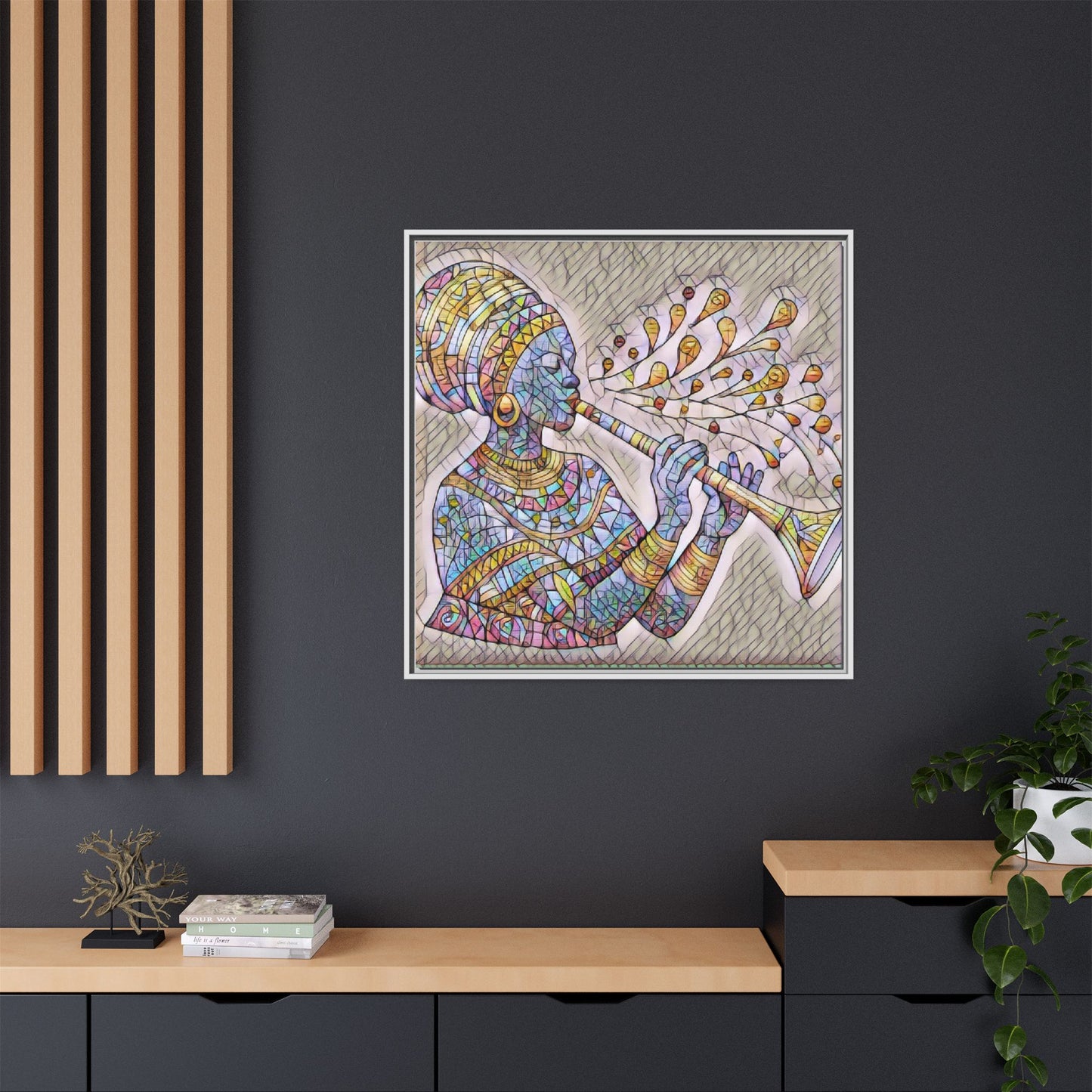 Framed Matte Canvas Art – Colorful African Musician Trumpet Print