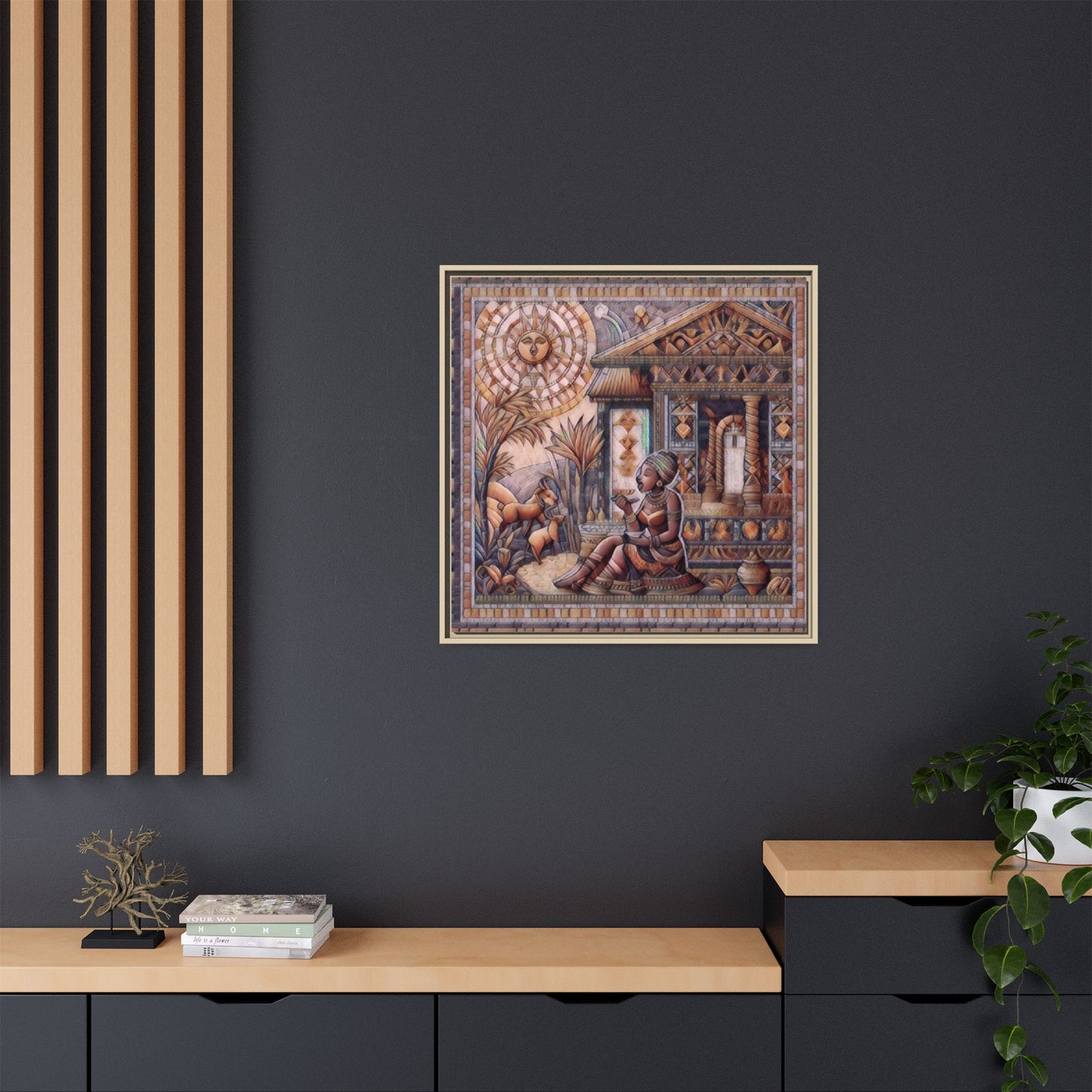Egyptian Goddess Mosaic Framed Canvas Art — Colorful Ancient Ritual Wall Decor
