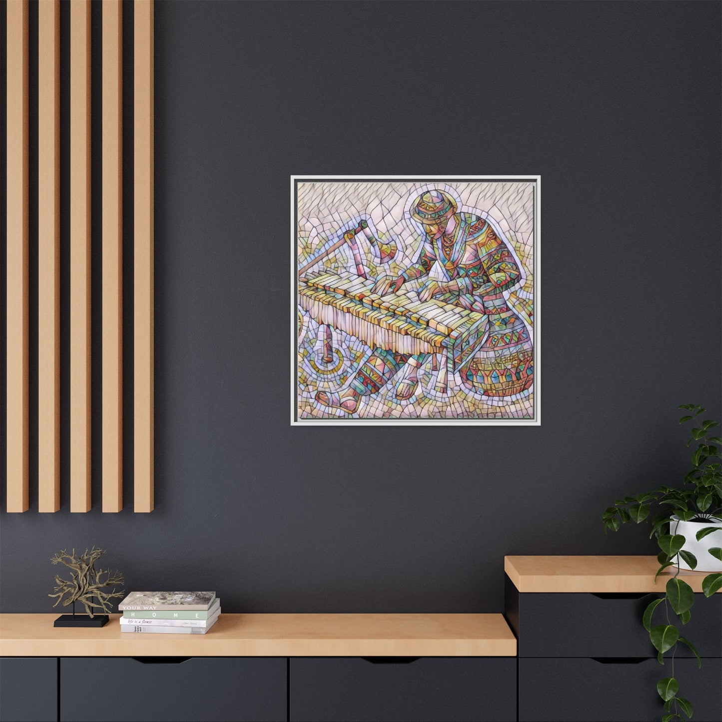 Framed Canvas Art - Colorful Mosaic Vibraphone Musician Print