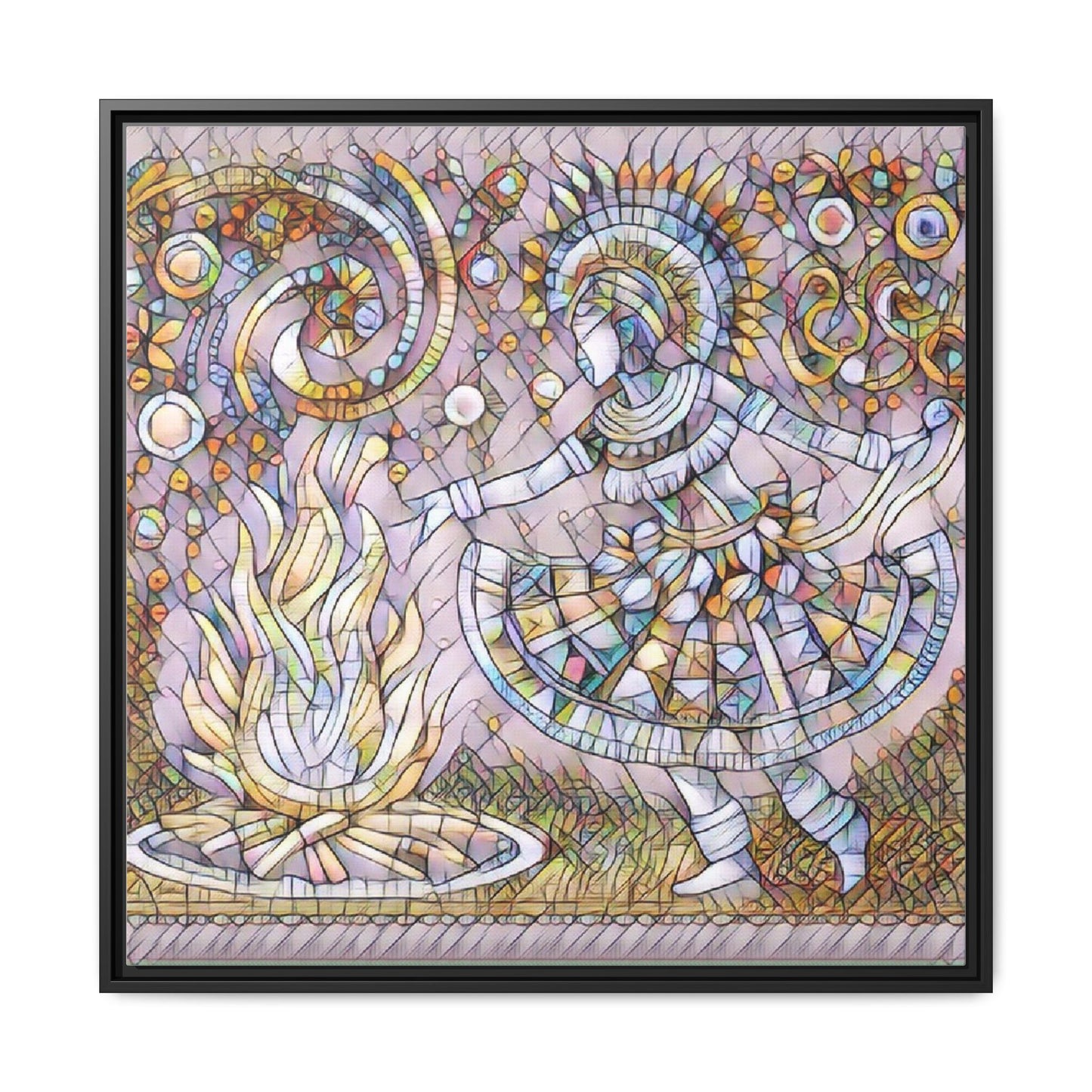 Bohemian Fire Dancer Framed Canvas Art — Colorful Folk Mosaic Wall Decor