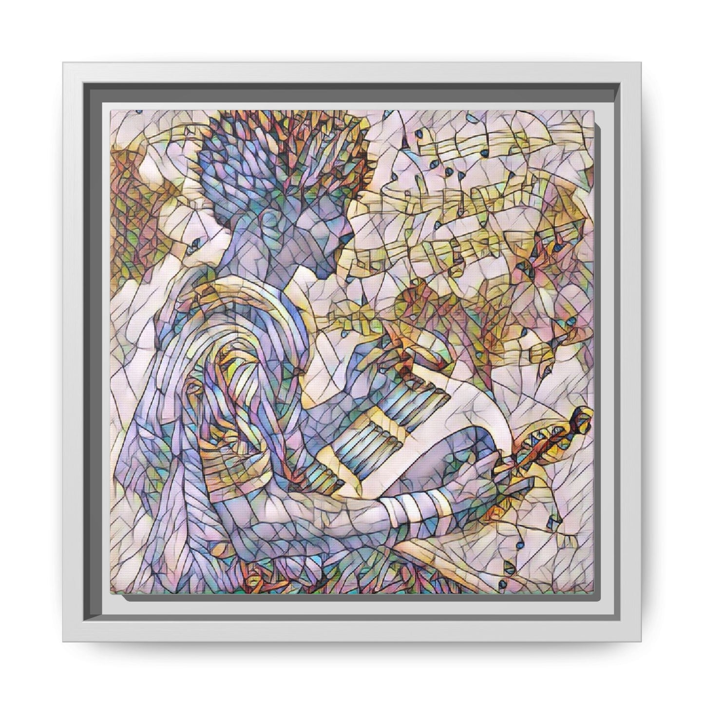Abstract Jazz Musician Framed Canvas Art — Colorful Stained-Glass Style Wall Decor