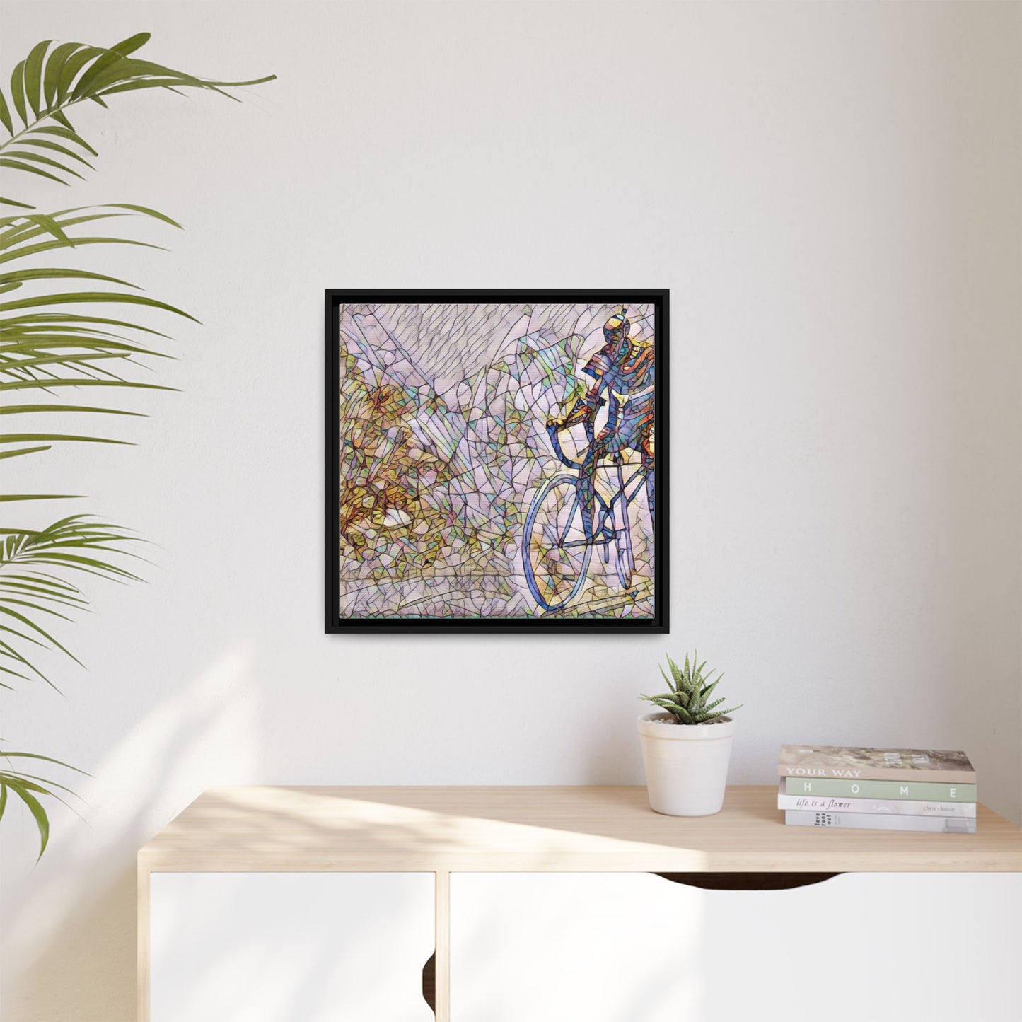 Colorful Cyclist Stained-Glass Art — Framed Matte Canvas