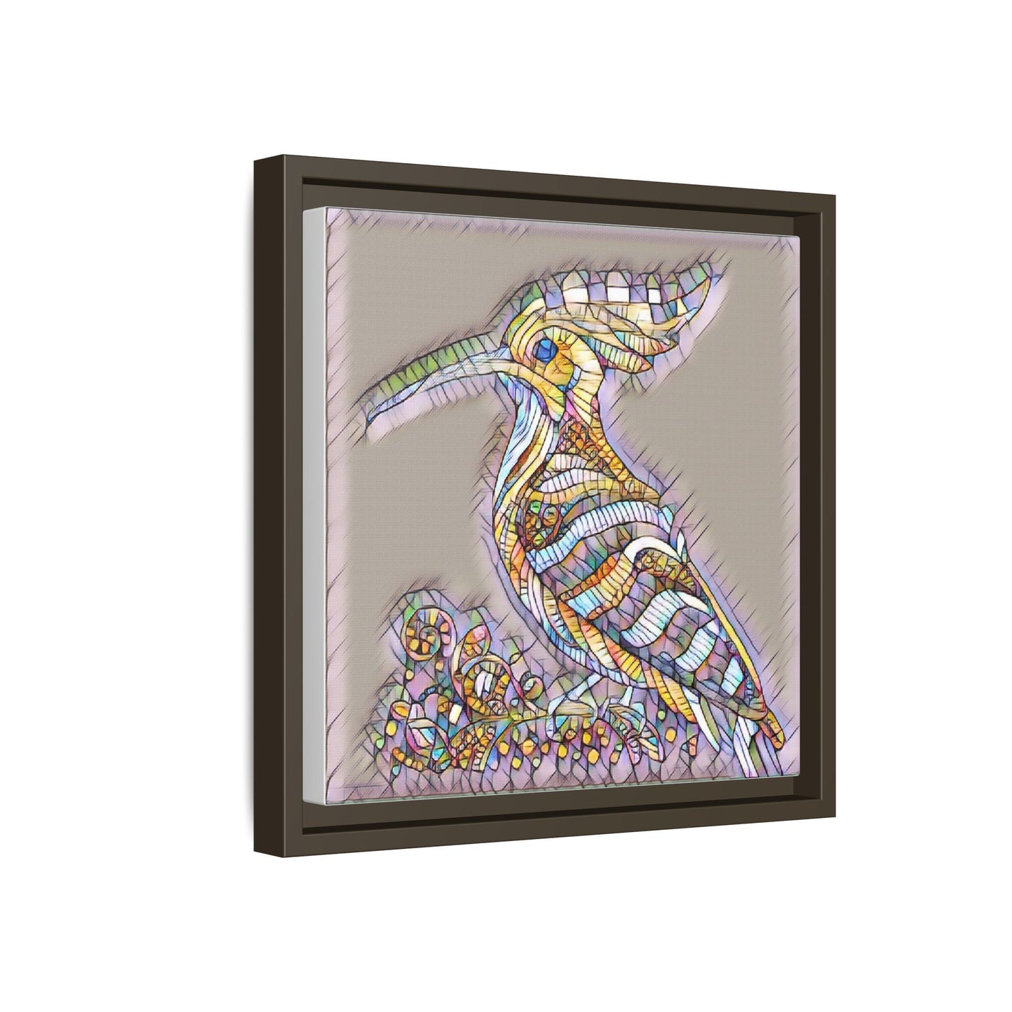 Colorful Mosaic Bird Framed Canvas Art — Whimsical Hoopoe Wall Decor