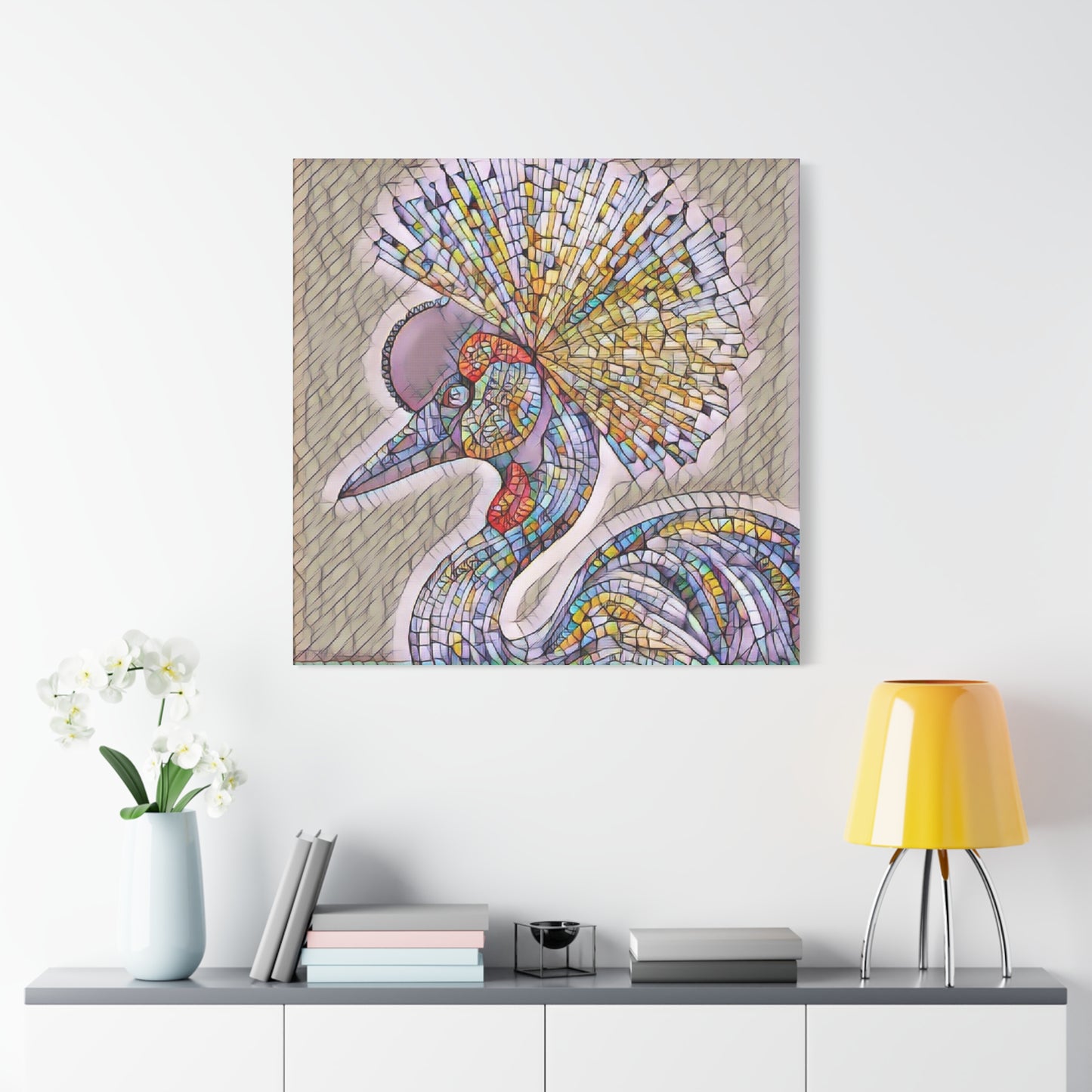 Colorful Mosaic Crowned Crane Canvas Wall Art — Stretched Matte Print