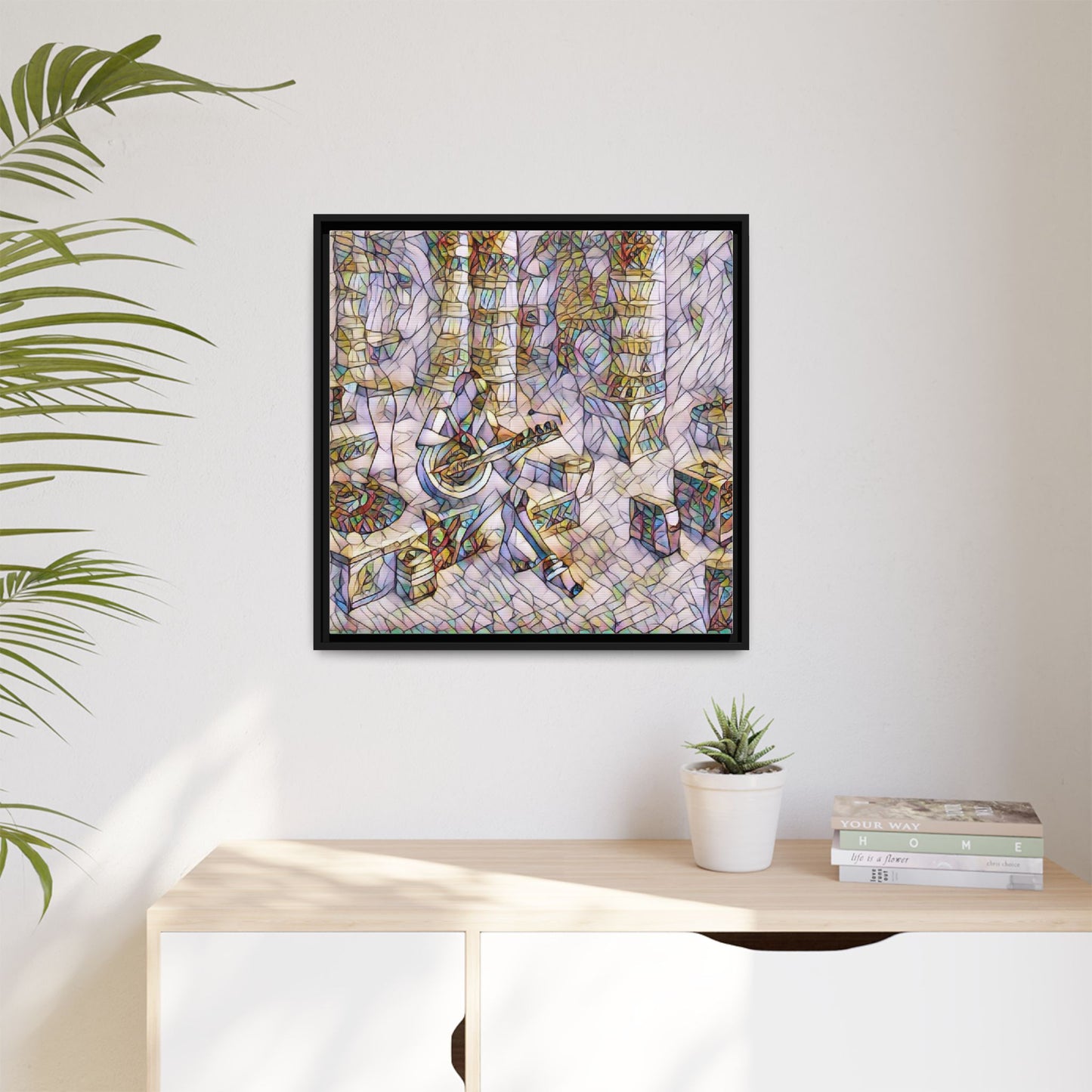 Framed Matte Canvas Art - Abstract Guitarist in Colorful Mosaic