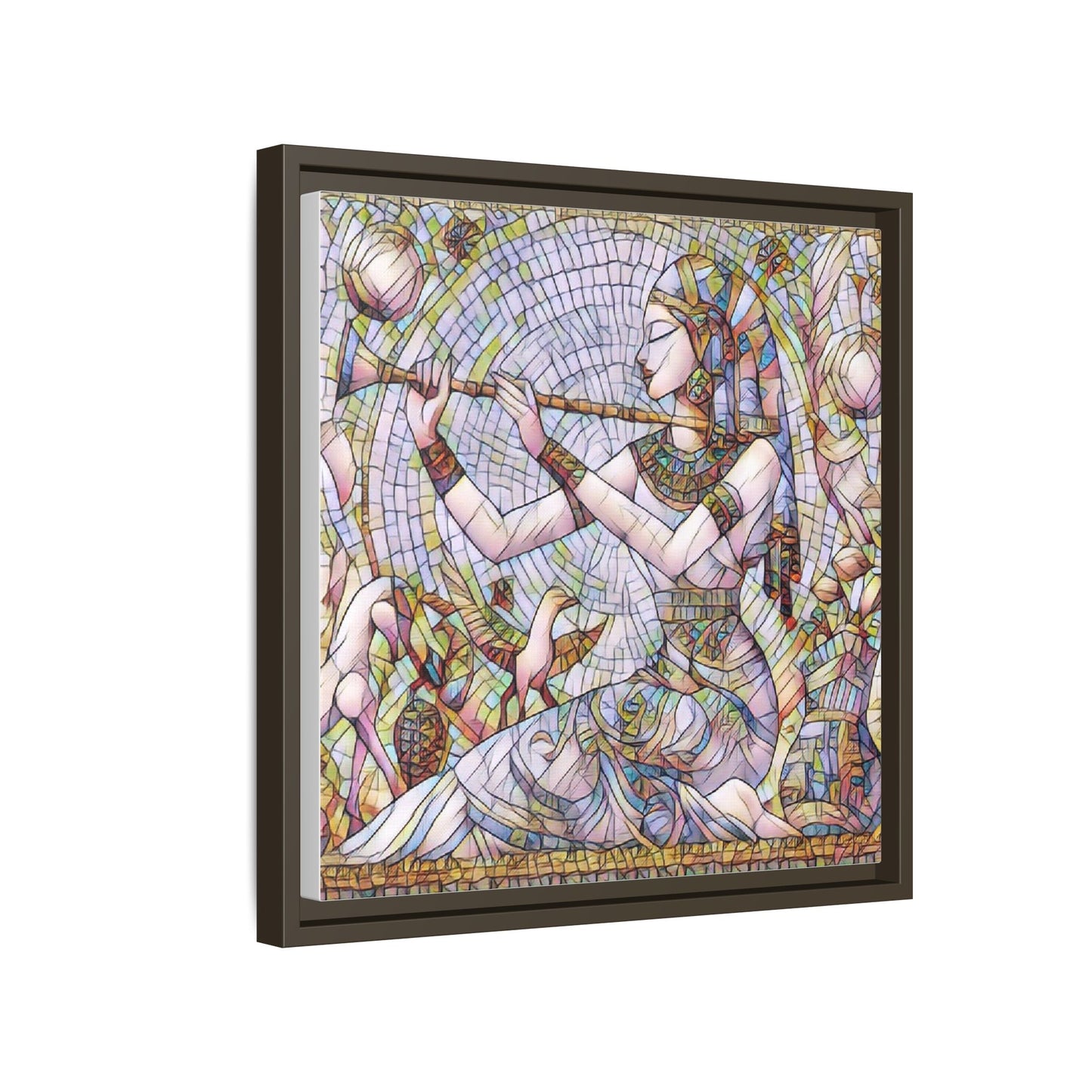 Egyptian Flute Player Framed Canvas Art — Colorful Mosaic Wall Decor