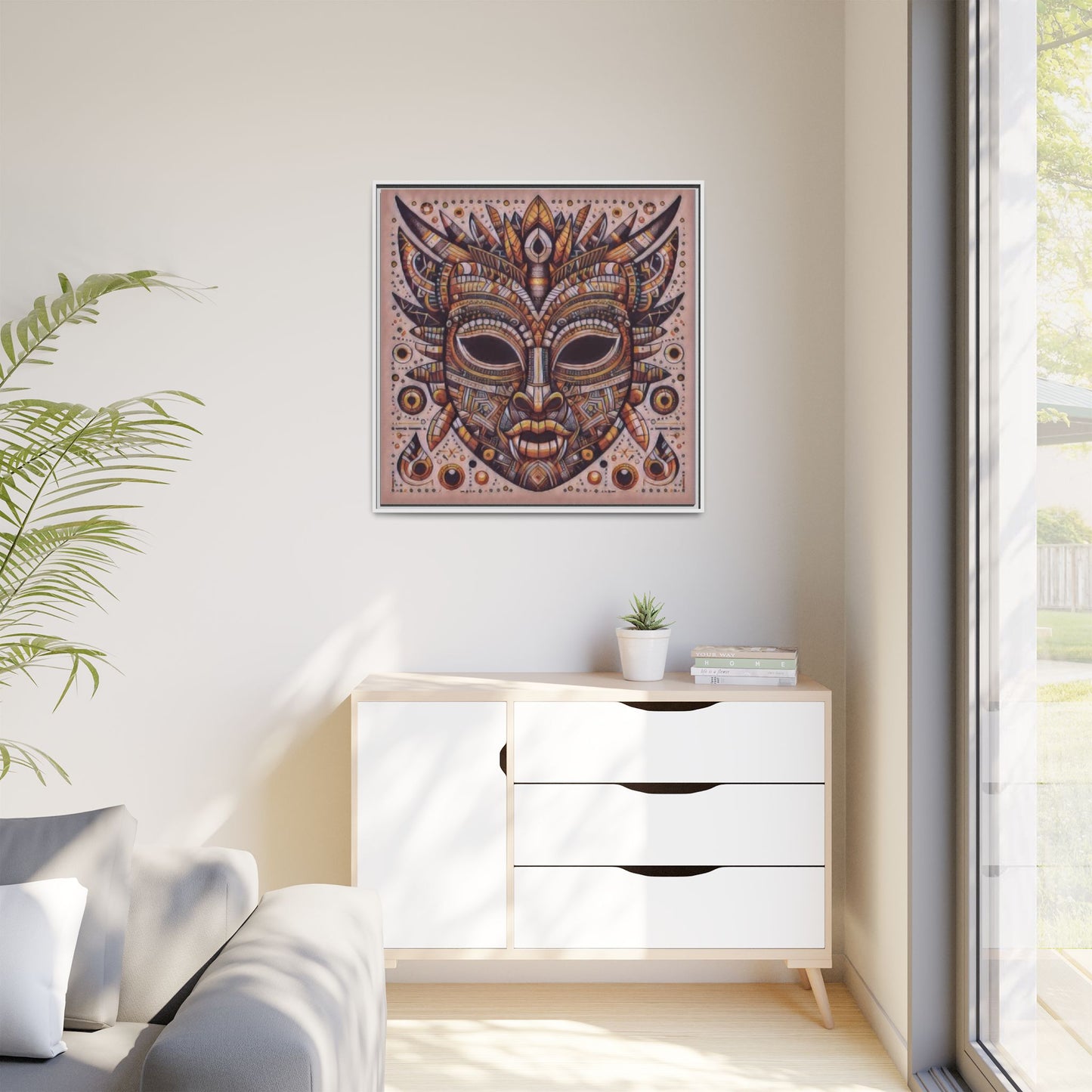 Tribal Mask Framed Canvas Art — Multicolor Matte Wall Decor