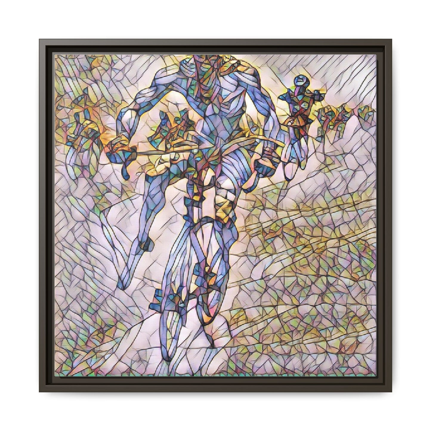 Abstract Cyclist Matte Canvas Framed Art — Colorful Stained-Glass Bike Print