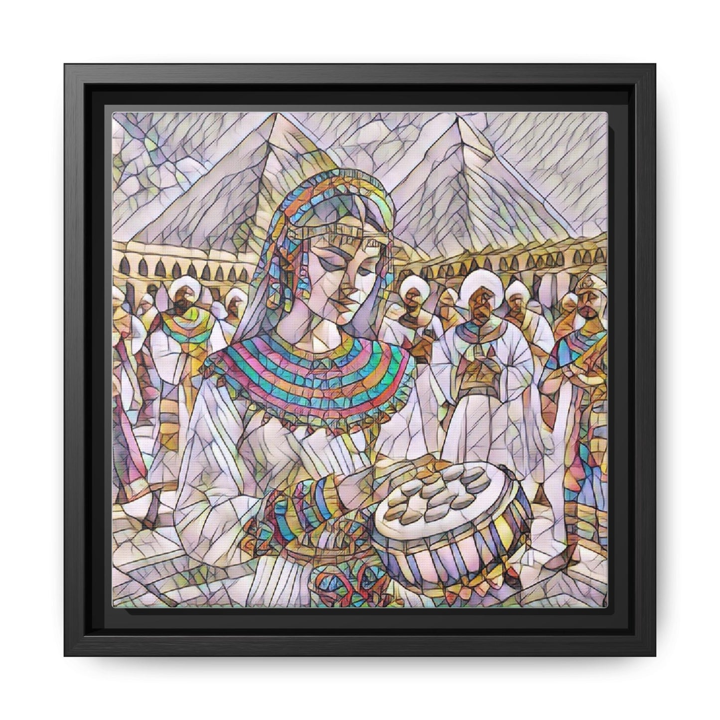 Egyptian Drum Player Framed Canvas Art — Colorful Ancient Scene Wall Decor