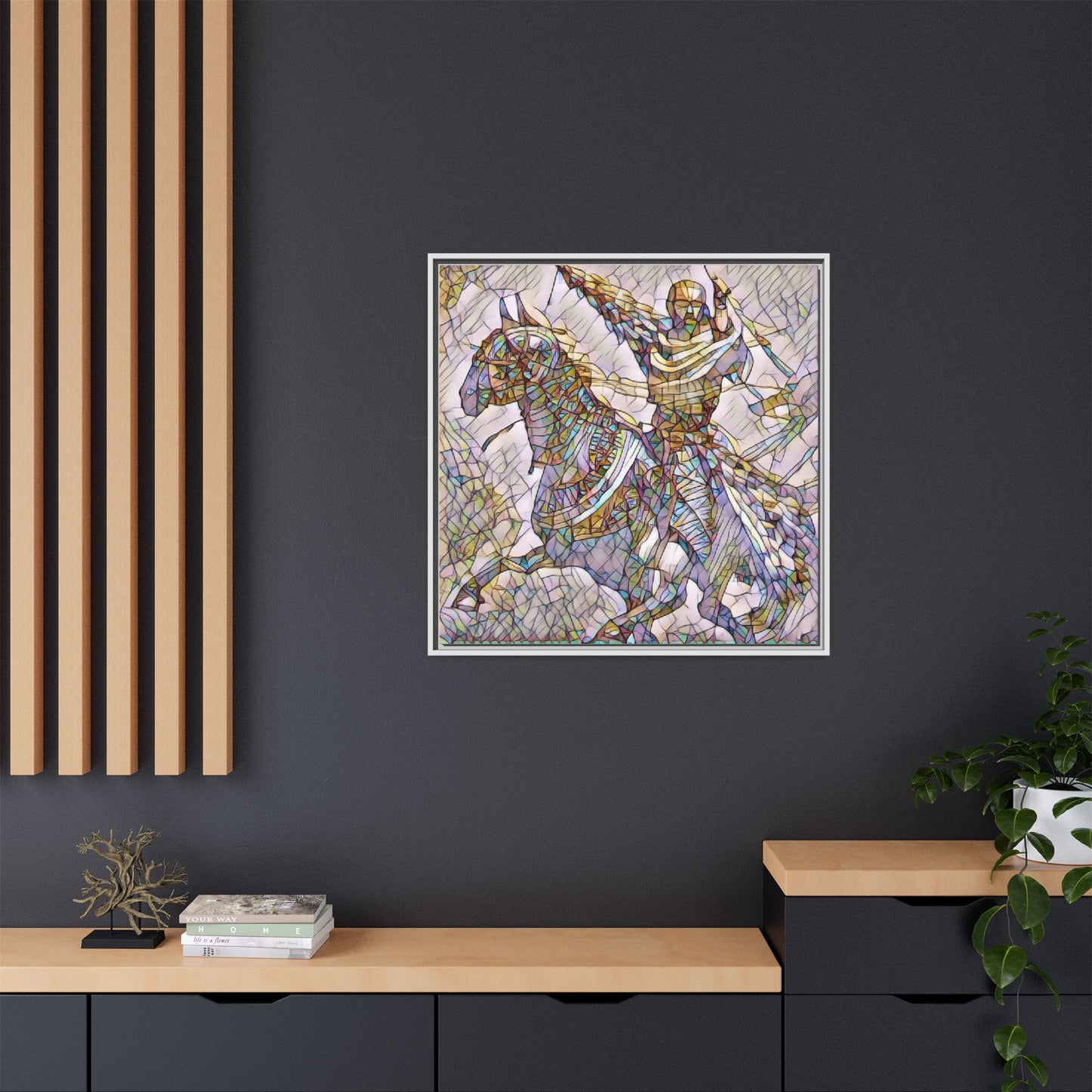Framed Matte Canvas Print — Stained Glass Knight on Horse Artwork