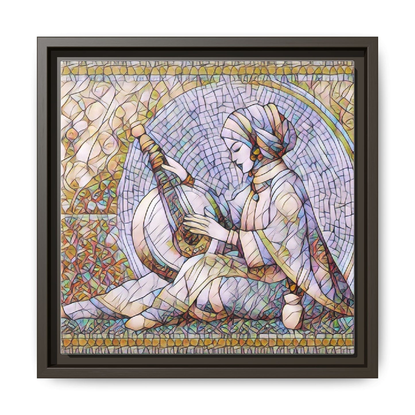 Framed Matte Canvas: Mosaic Lute Player Wall Art — Bohemian Musical Portrait