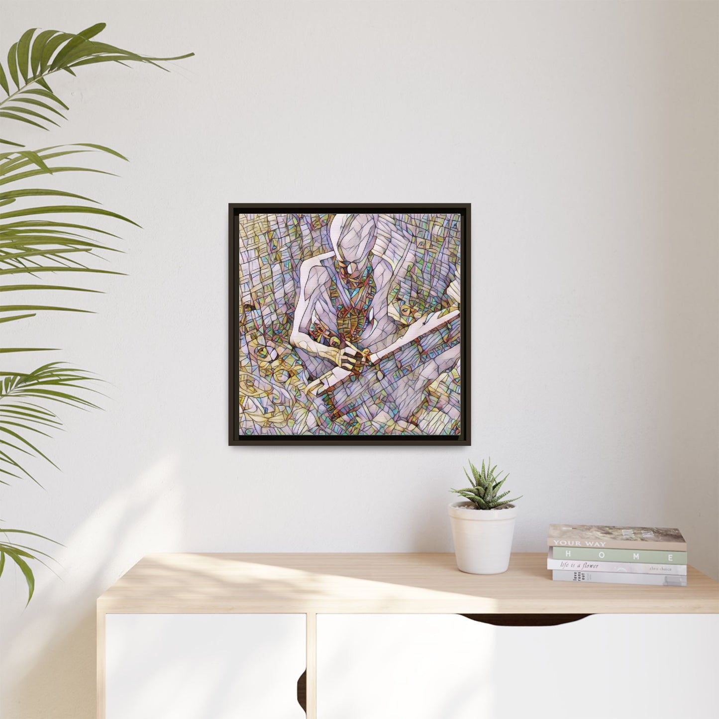 Abstract Fantasy Warrior Matte Framed Canvas — Colorful Stained-Glass Style Art