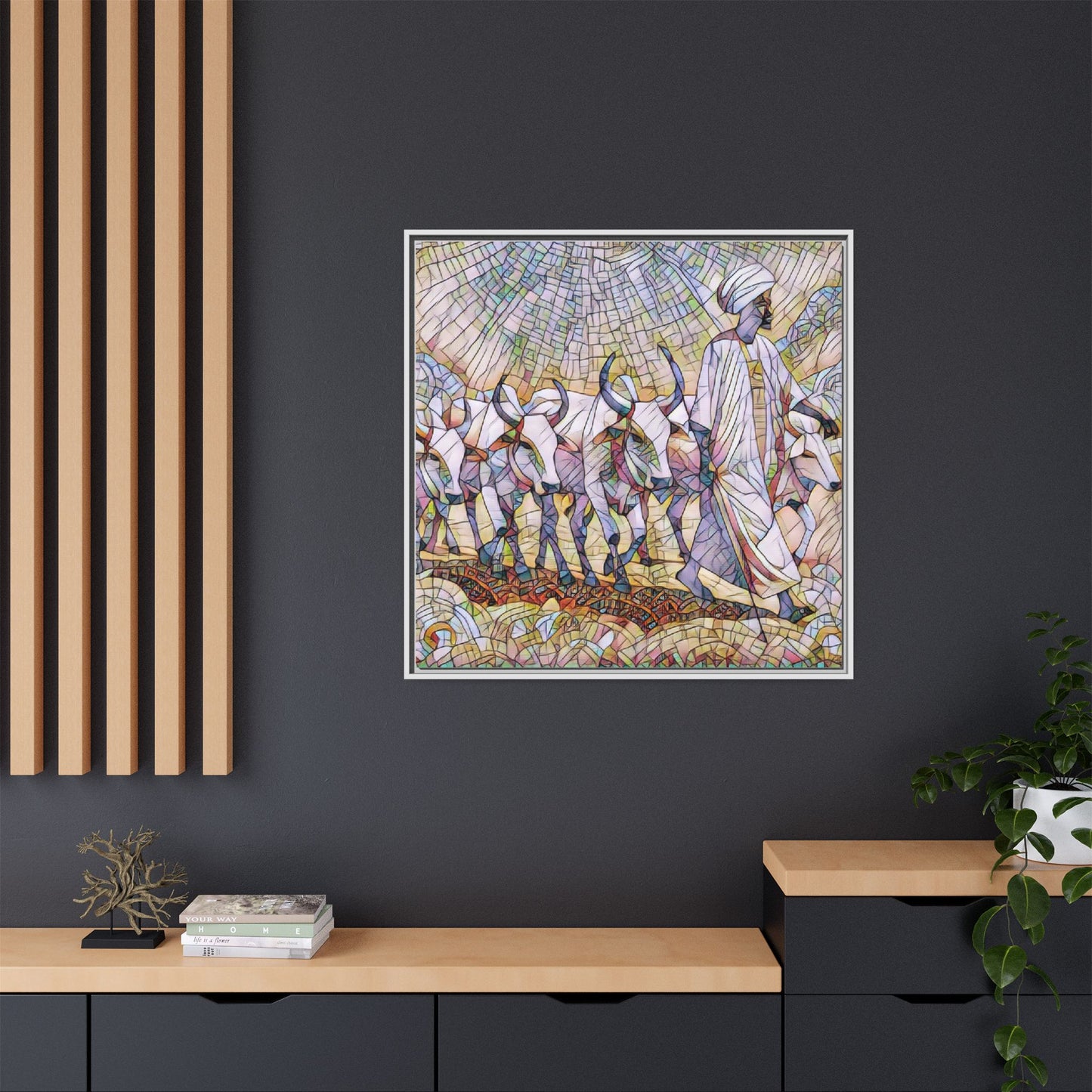 Framed Matte Canvas Art — African Herdsman Mosaic Print