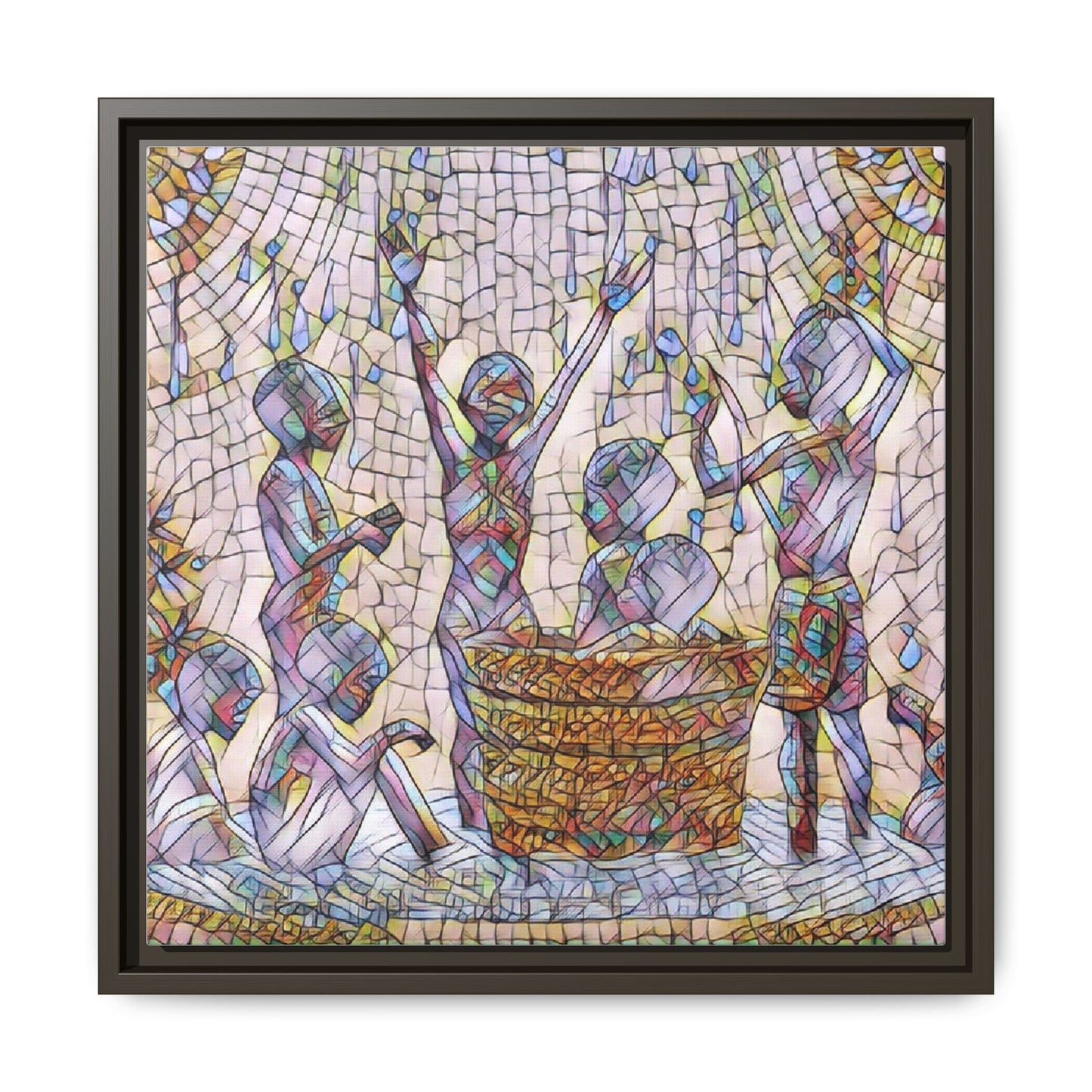 Framed Matte Canvas Art — Children Playing Mosaic Illustration