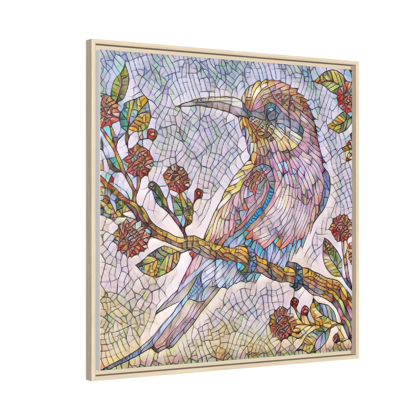 Framed Mosaic Bird Art Print — Colorful Kookaburra Wall Canvas