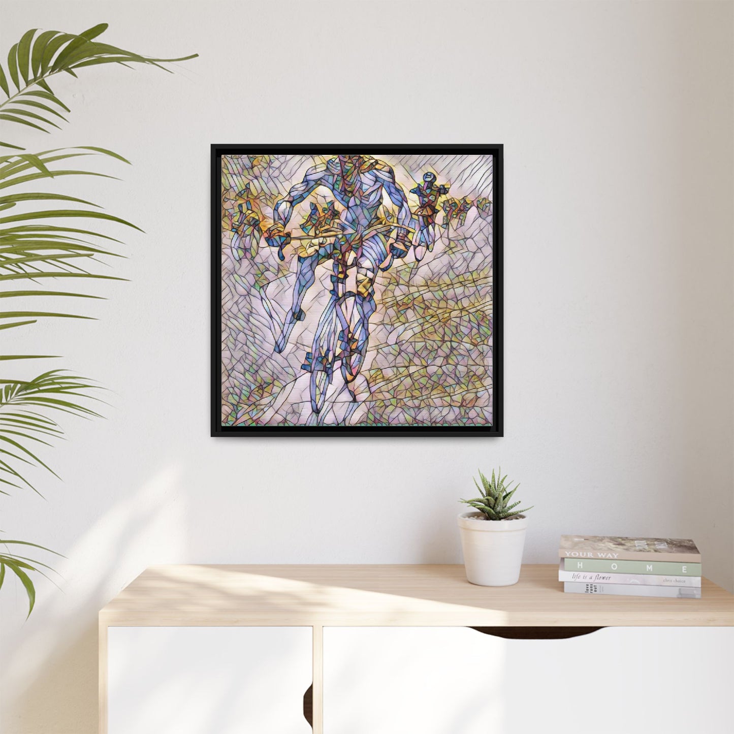 Abstract Cyclist Matte Canvas Framed Art — Colorful Stained-Glass Bike Print