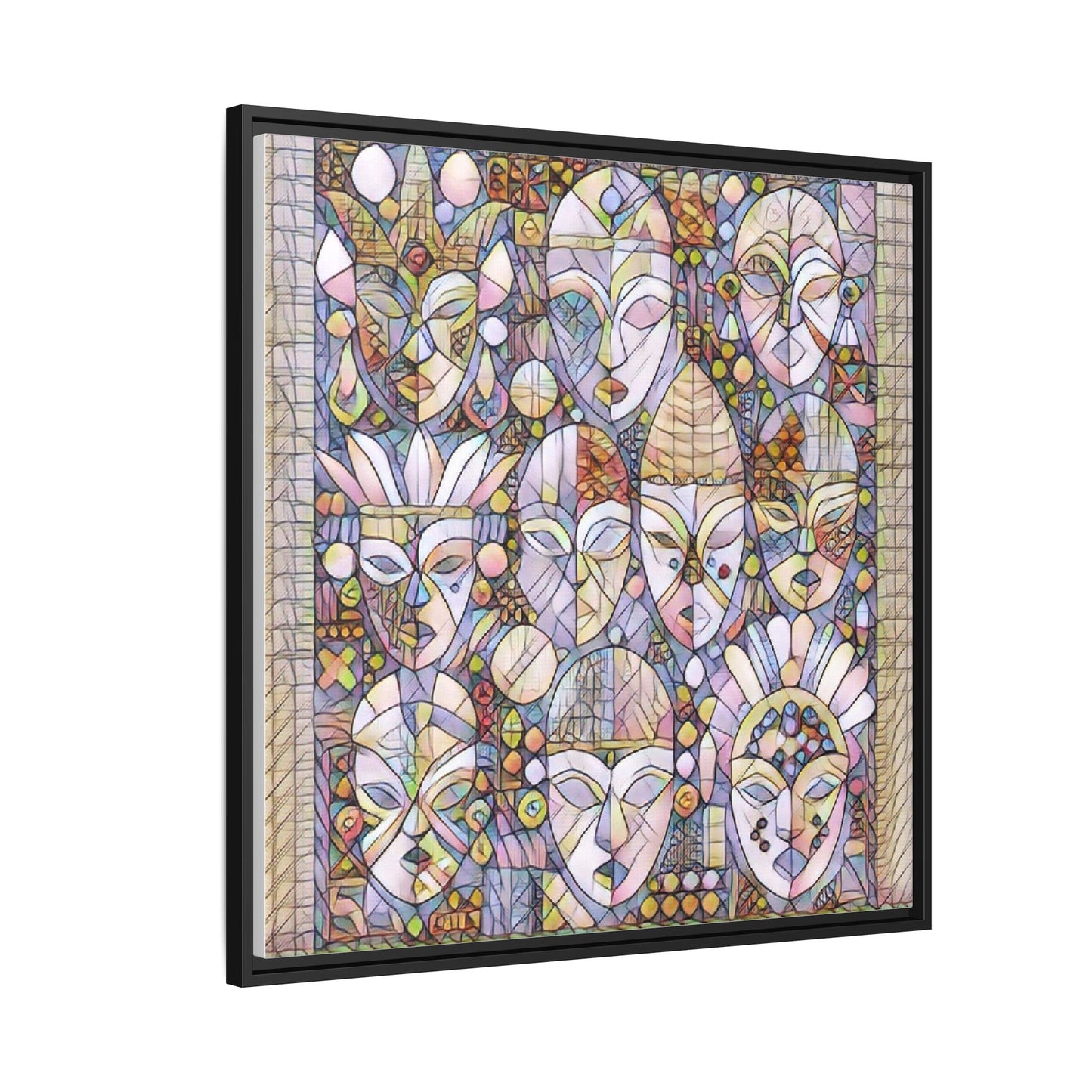 Framed Abstract Mask Art Canvas — Multicolor Stained-Glass Faces Wall Decor