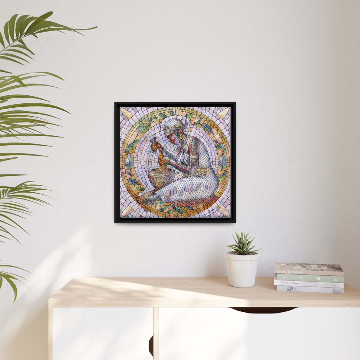 Framed Mosaic Art Print — Woman Grinding Grain (Matte Canvas)
