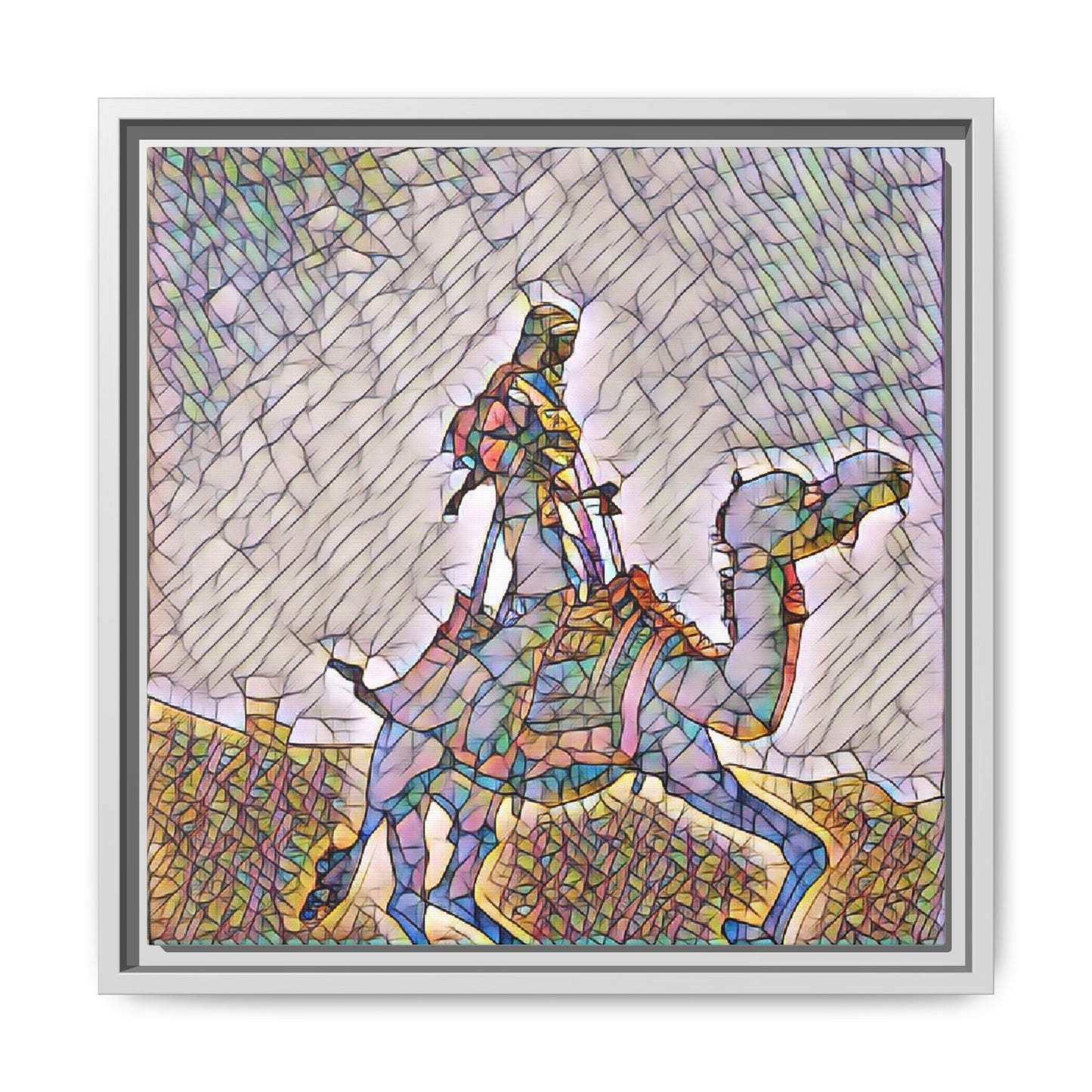Framed Camel Rider Matte Canvas Art — Colorful Mosaic Desert Wall Decor