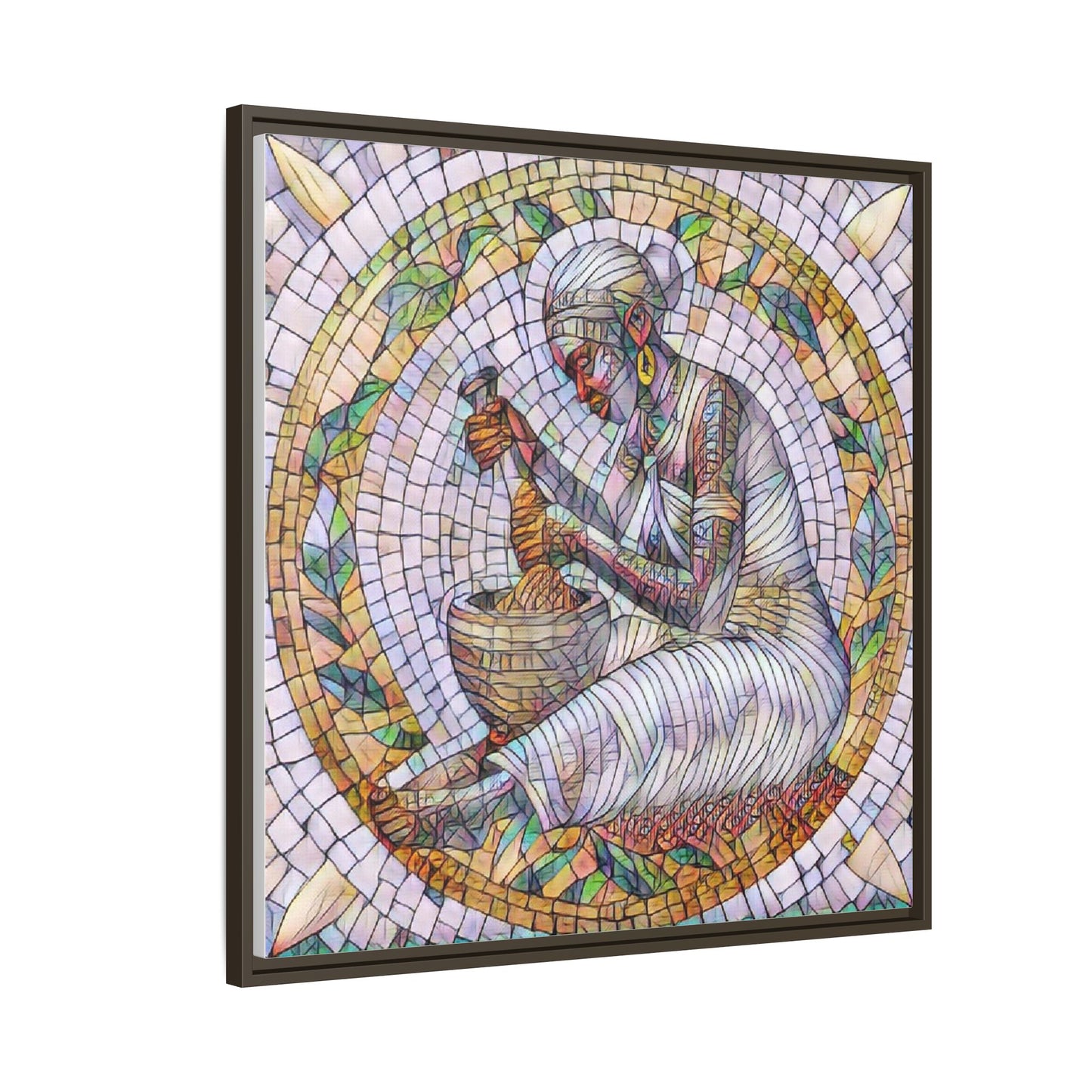 Framed Mosaic Art Print — Woman Grinding Grain (Matte Canvas)