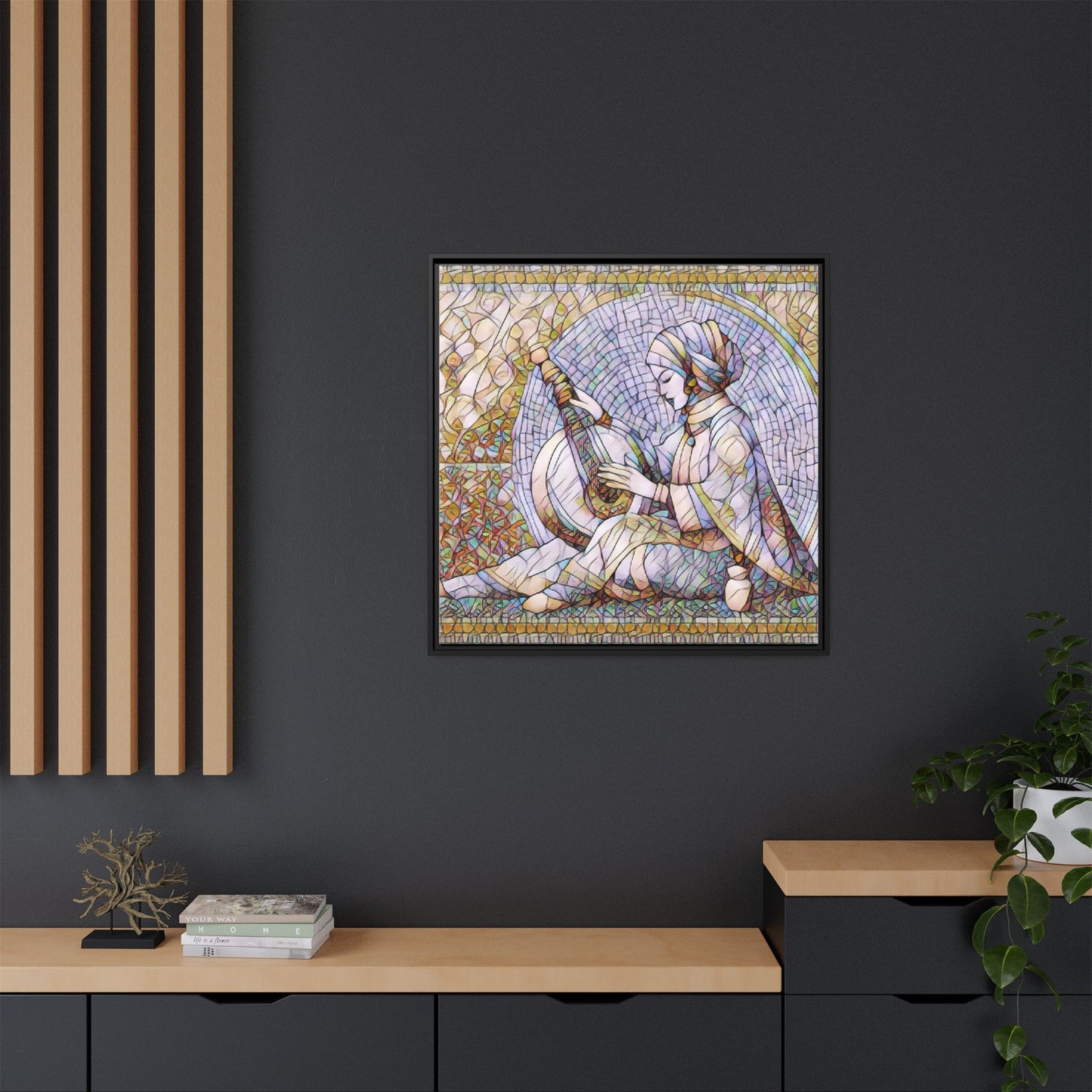 Framed Matte Canvas: Mosaic Lute Player Wall Art — Bohemian Musical Portrait