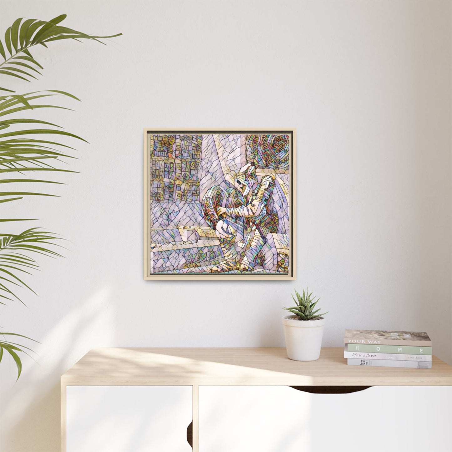 Framed Matte Canvas Art — Colorful Stained-Glass Astronaut Embrace