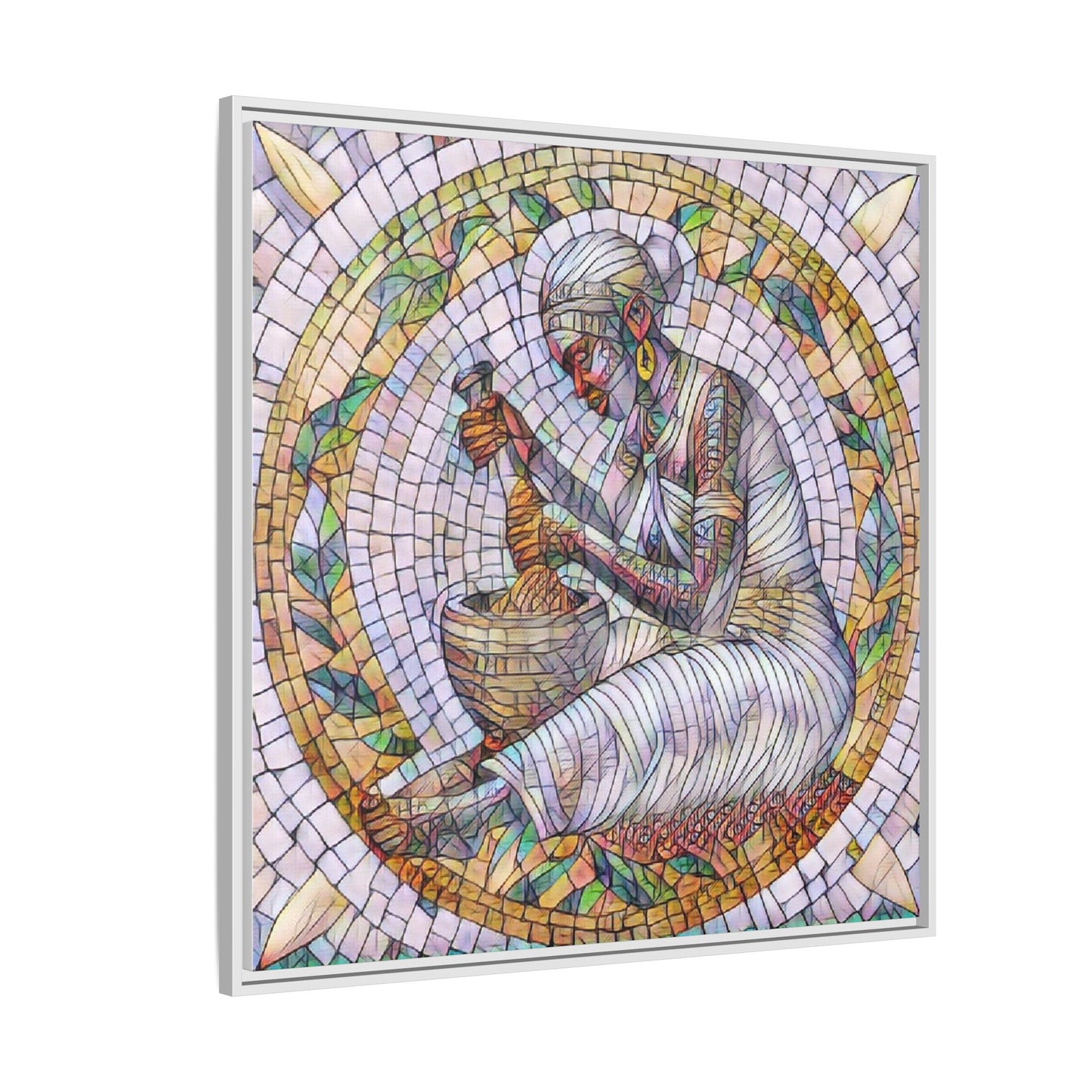 Framed Mosaic Art Print — Woman Grinding Grain (Matte Canvas)