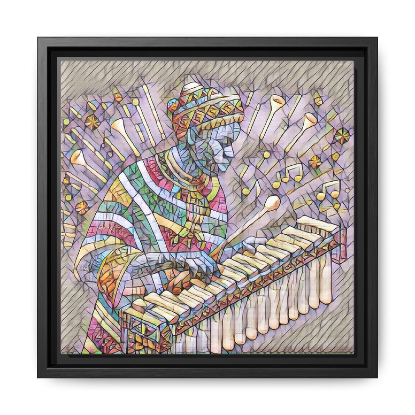 Colorful Marimba Musician Matte Framed Canvas — Vibrant African Instrument Wall Art