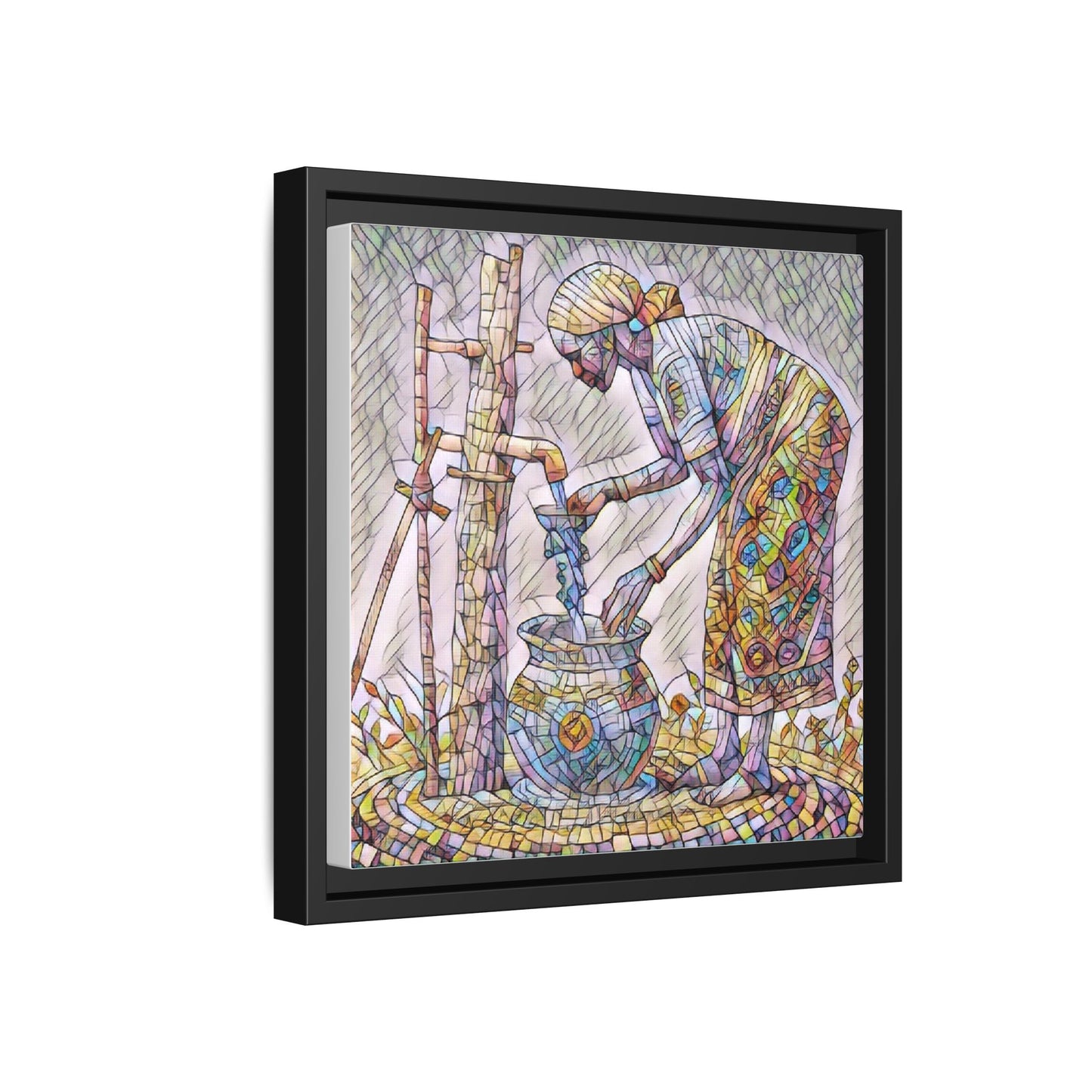 Framed Matte Canvas Art — Colorful Mosaic Woman at Well