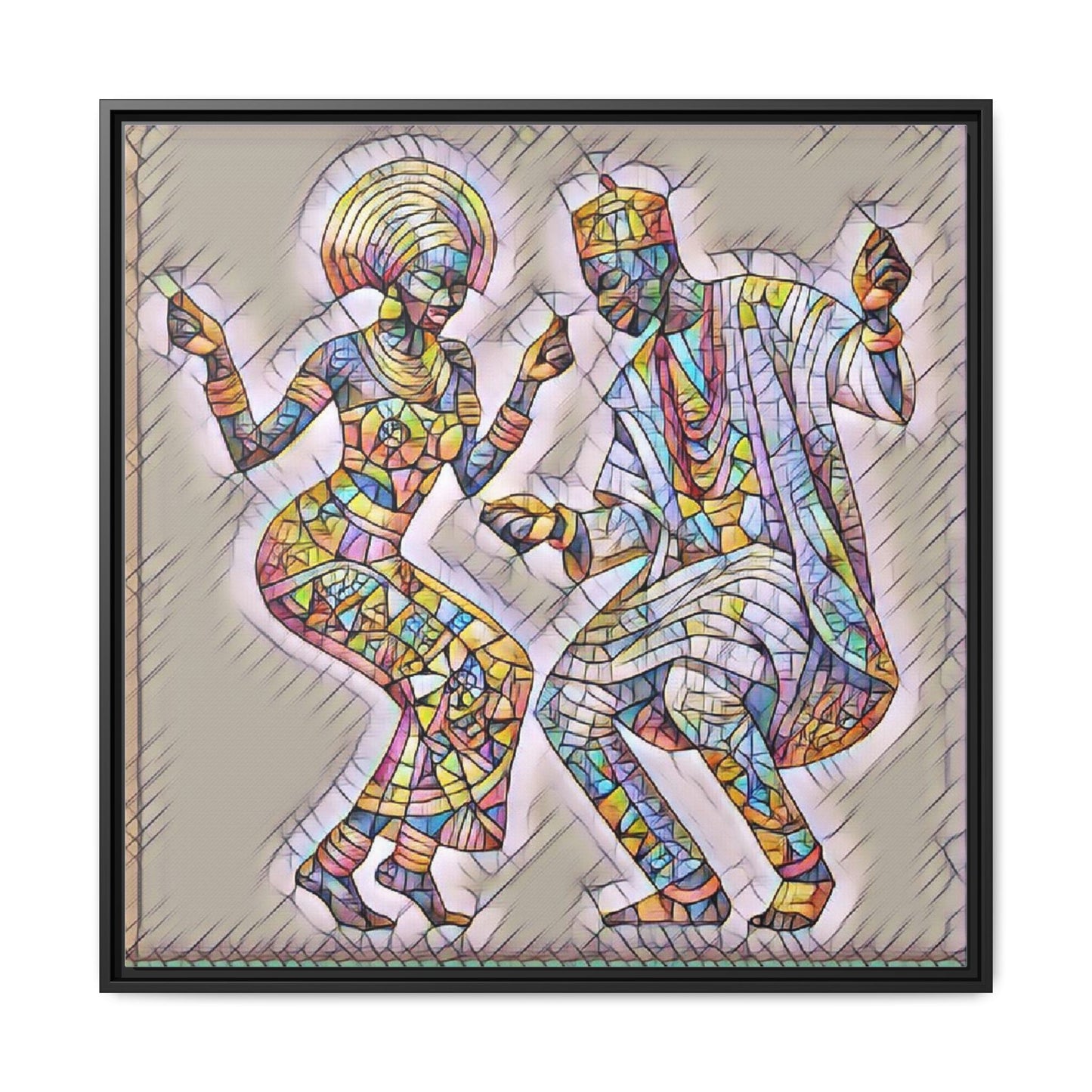 Afrobeat Dancers Framed Canvas Art — Colorful Mosaic African Dance Print