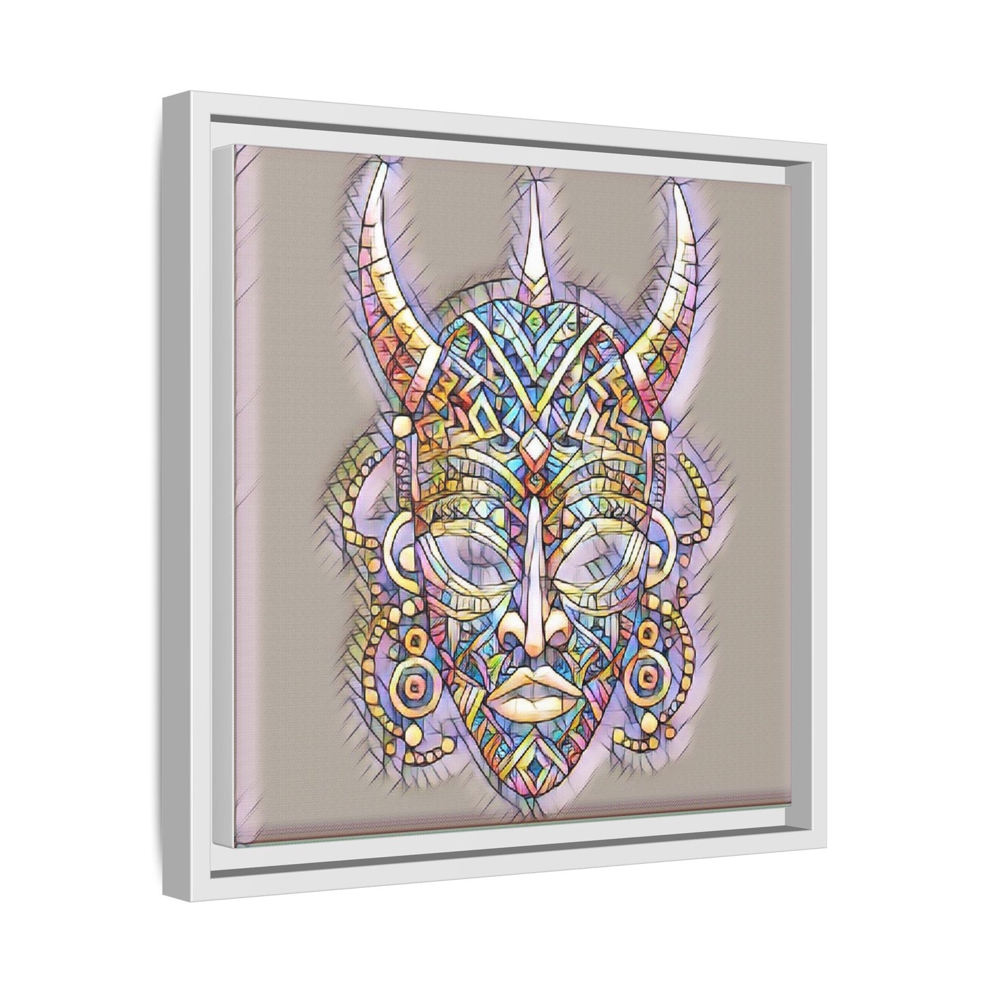 Colorful Tribal Mask Framed Canvas Art — Abstract Ethnic Wall Decor