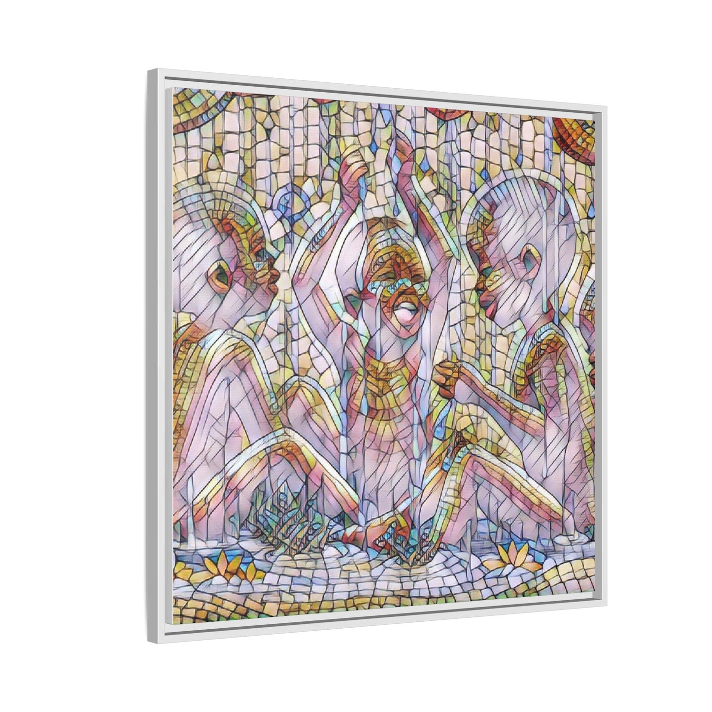 Framed Matte Canvas Art — Mosaic Children Playing (Multicolor)