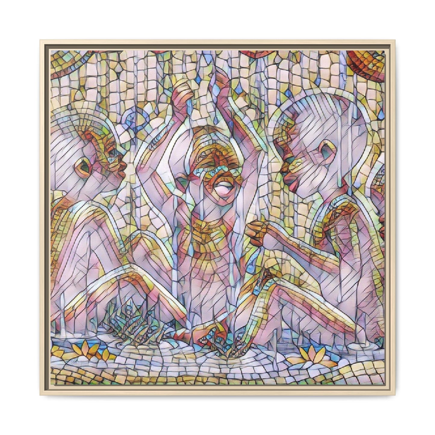 Framed Matte Canvas Art — Mosaic Children Playing (Multicolor)