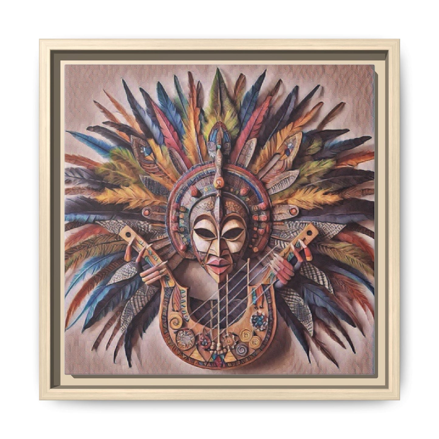 Tribal Feather Mask Guitar Framed Canvas Art — Colorful Boho Wall Decor