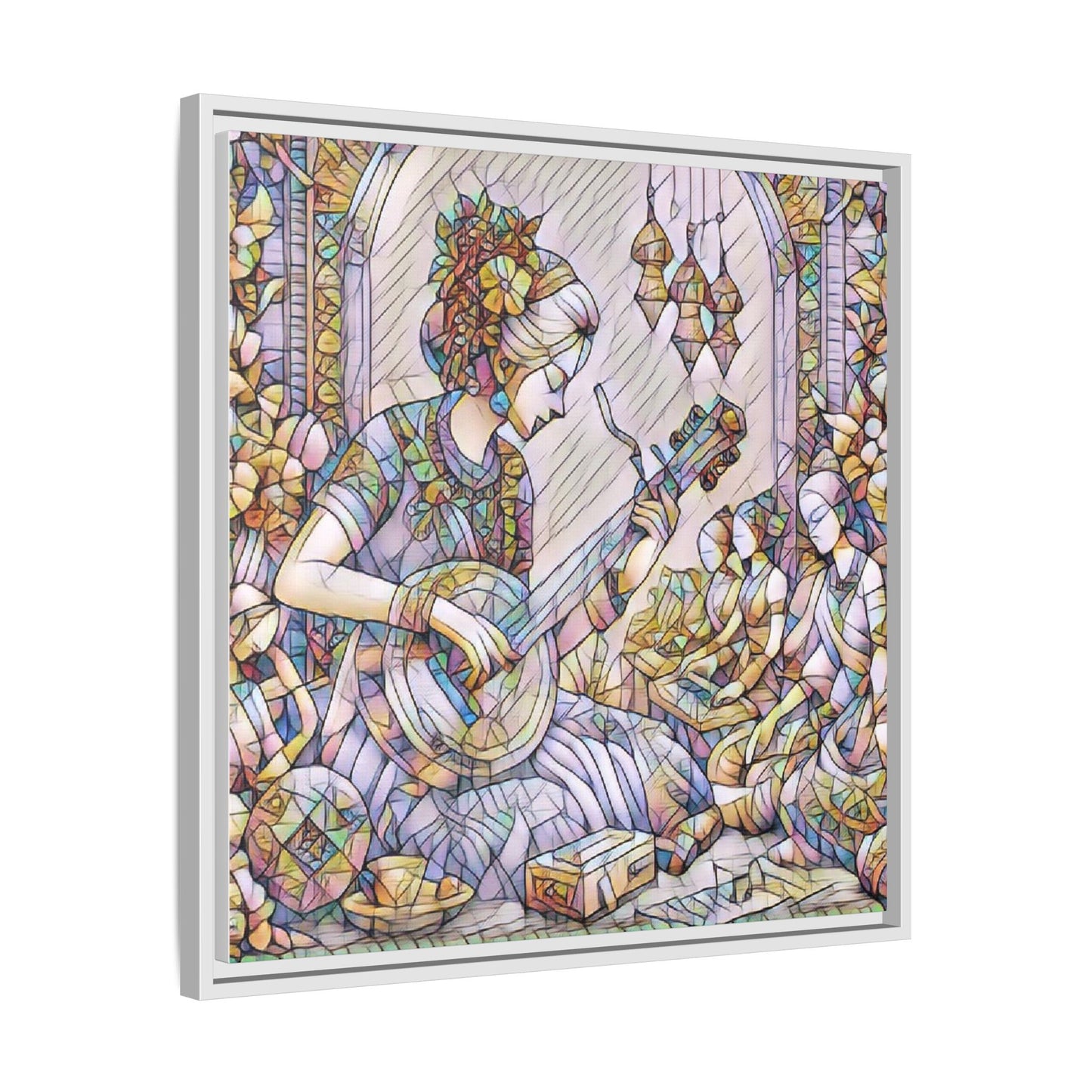 Framed Matte Canvas: Bohemian Woman Playing Lute — Stained-Glass Style Wall Art
