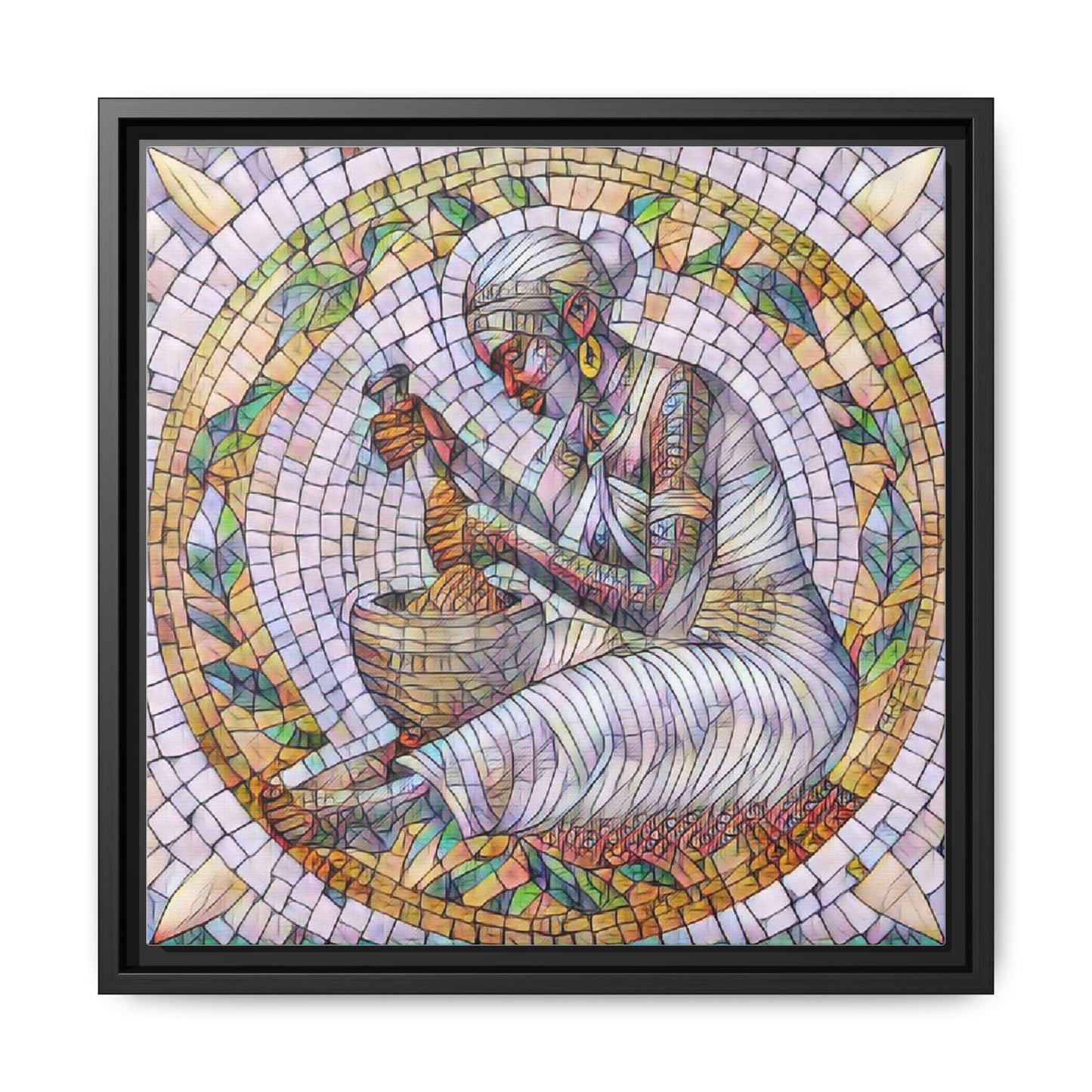 Framed Mosaic Art Print — Woman Grinding Grain (Matte Canvas)