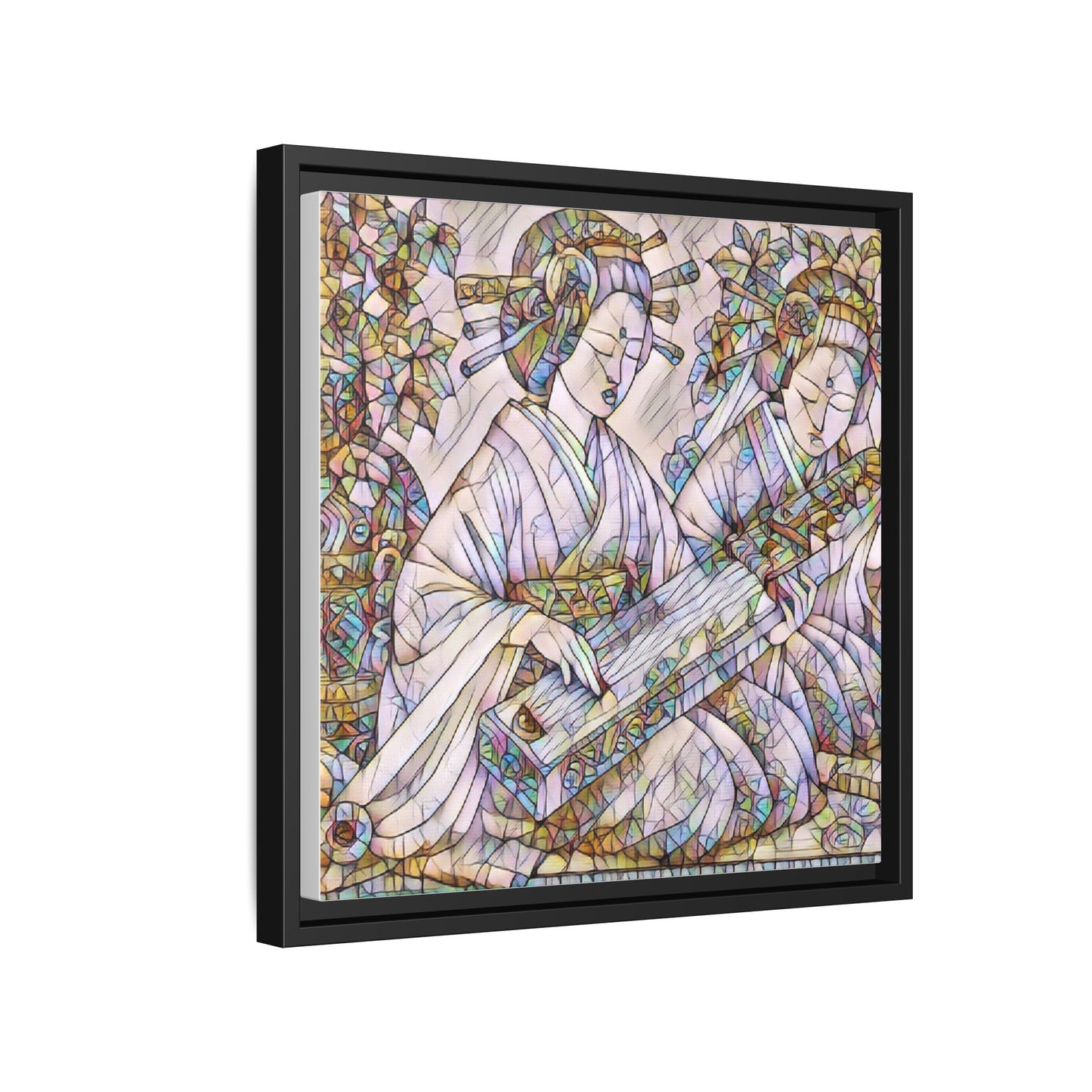 Framed Matte Canvas Print — Stained-Glass Geisha Duo