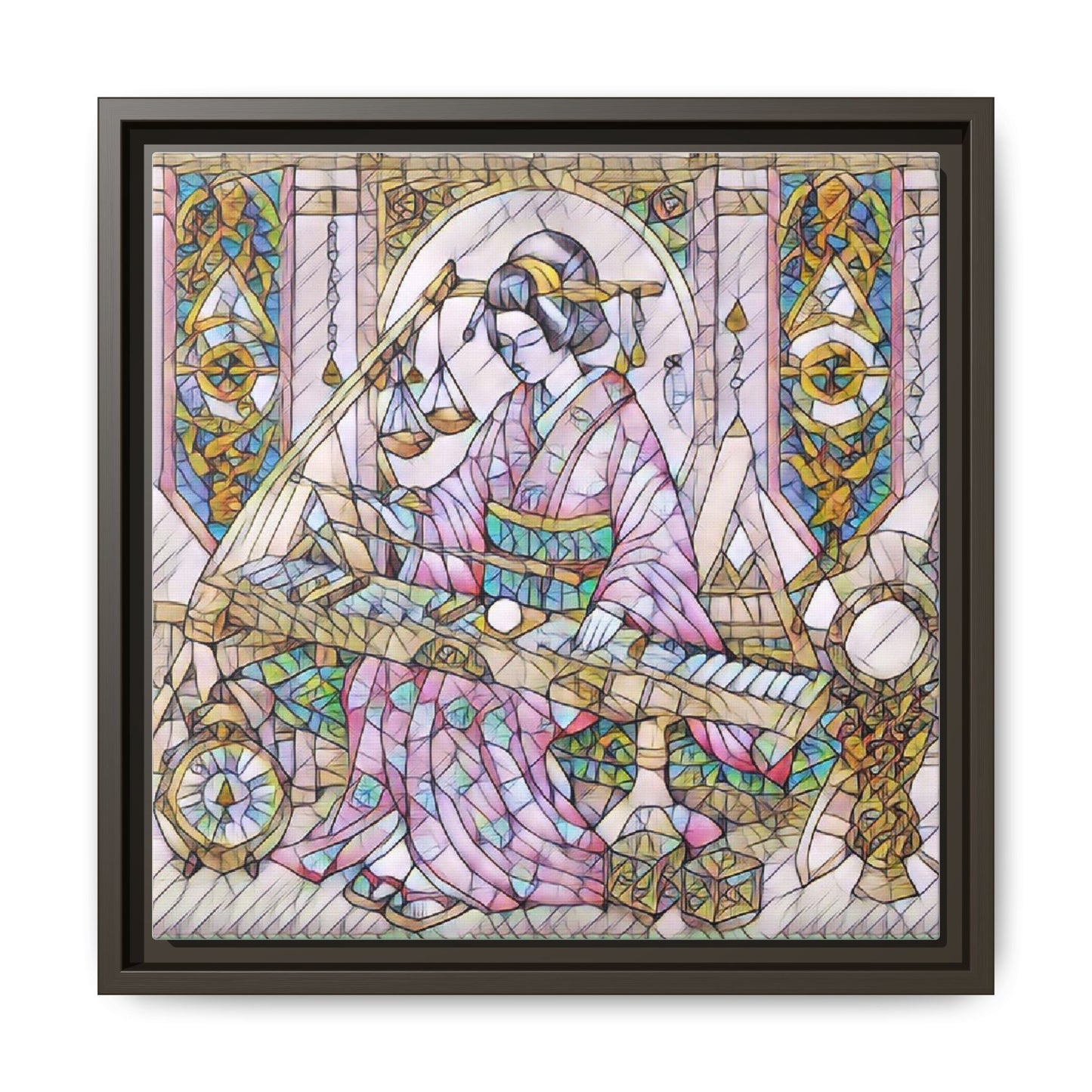Framed Matte Canvas — Geisha Harp Stained-Glass Art Print