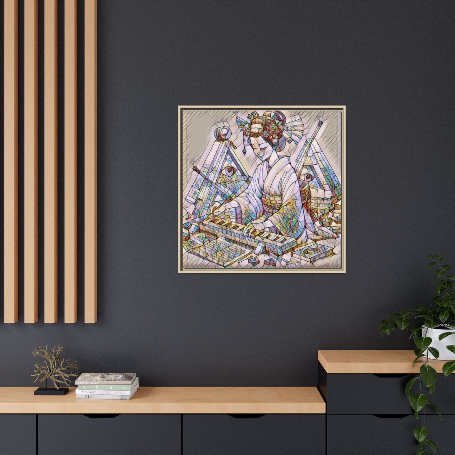 Framed Matte Canvas: Stained-Glass Geisha Wall Art