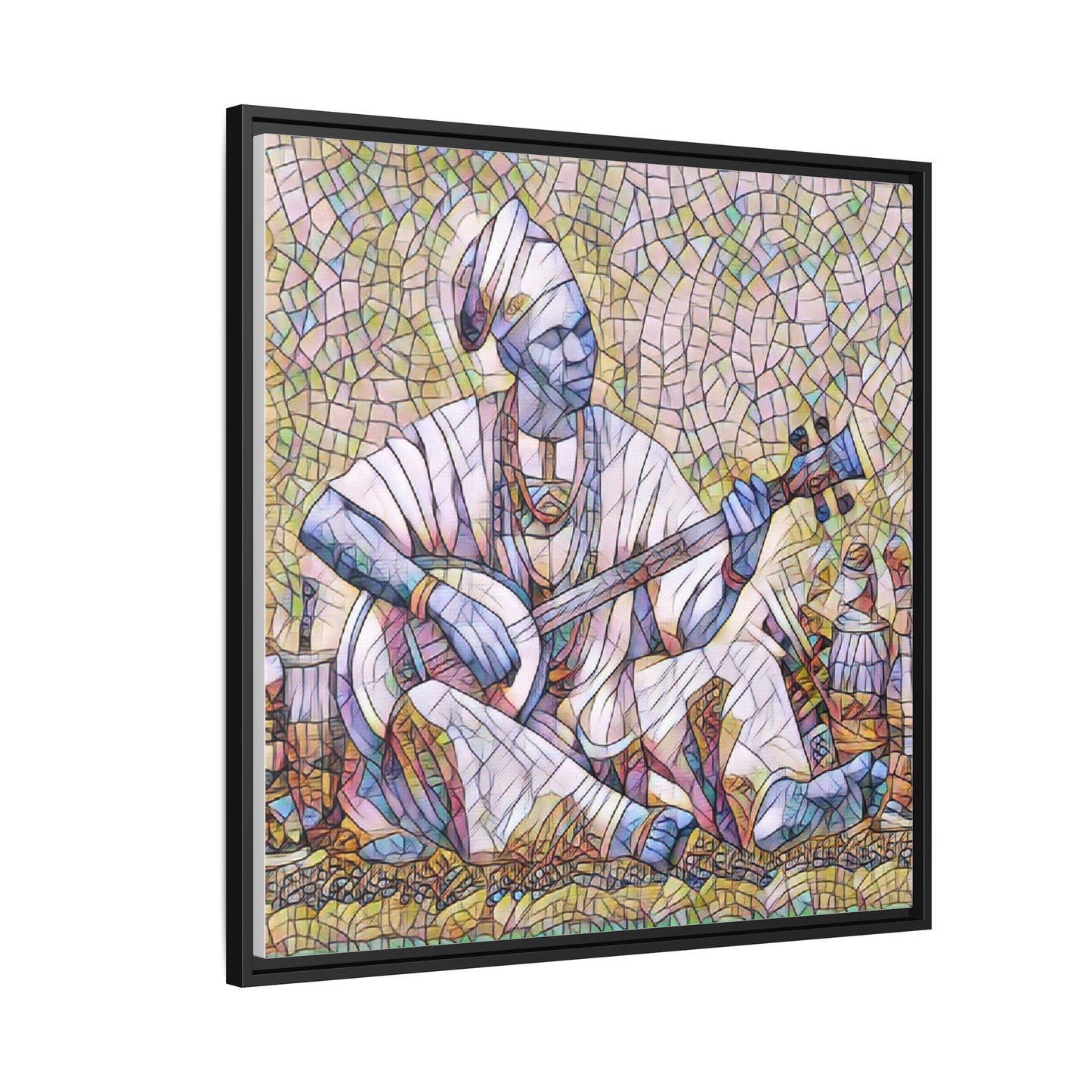 Framed Mosaic Musician Canvas Art — African Griot with Kora