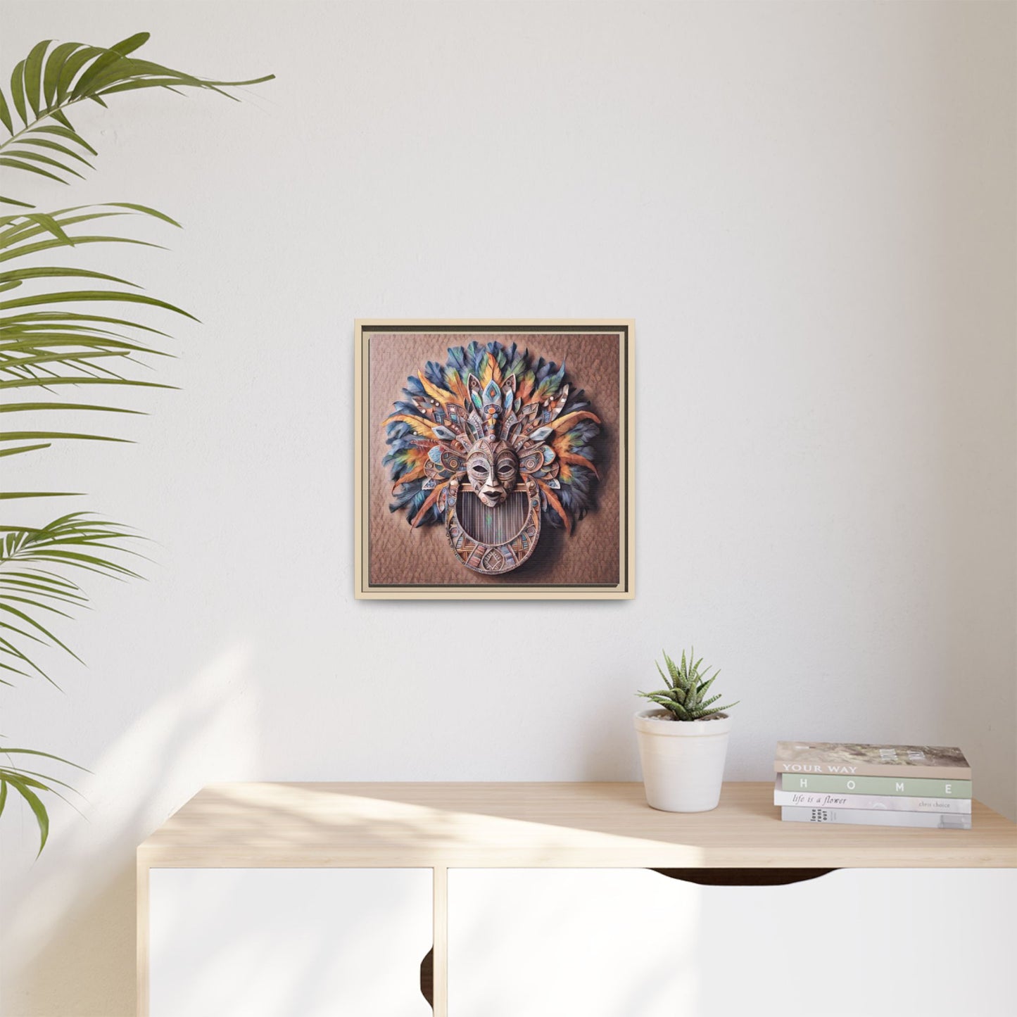 Tribal Feather Mask Framed Canvas Wall Art — Colorful Boho Decorative Print