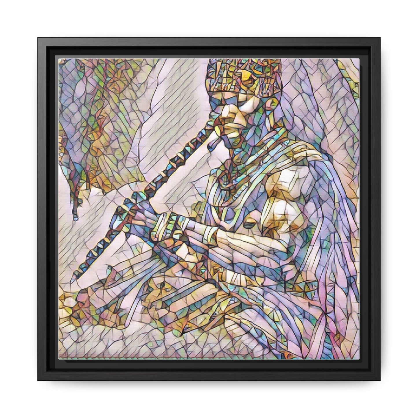 Tribal Flute Musician Stained-Glass Framed Canvas Art