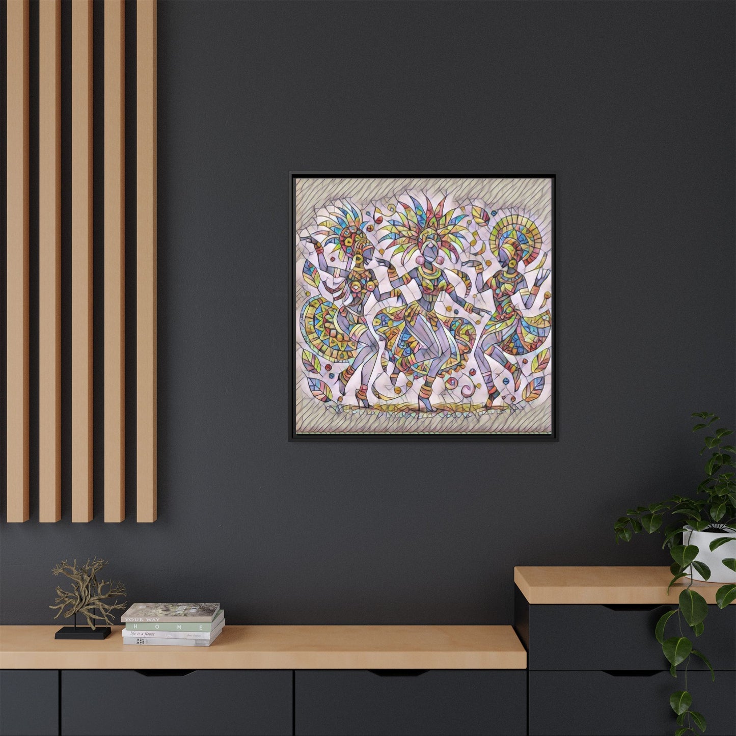 Colorful Carnival Dancers Framed Canvas Art — Multicolor Tribal Celebration Print
