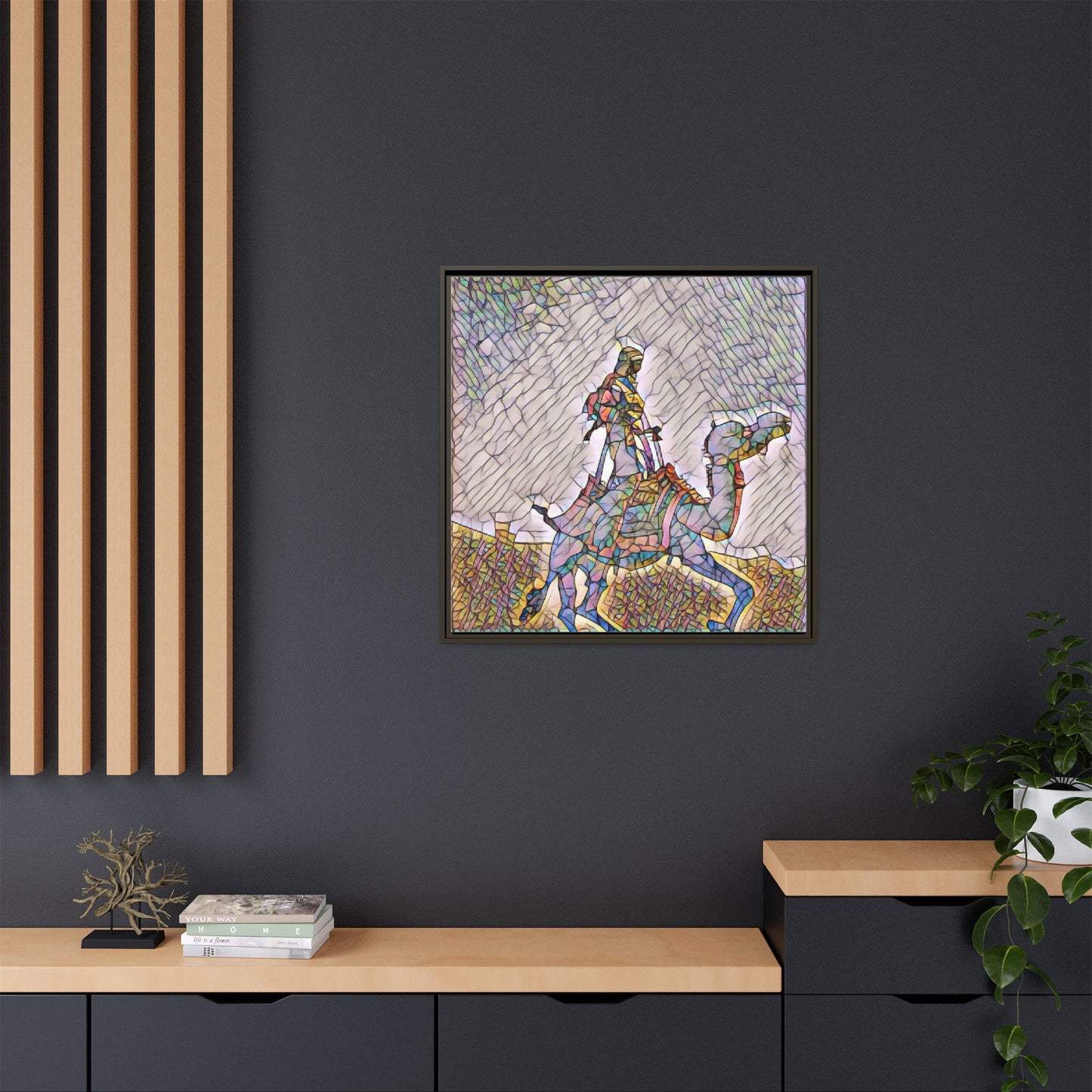 Framed Camel Rider Matte Canvas Art — Colorful Mosaic Desert Wall Decor