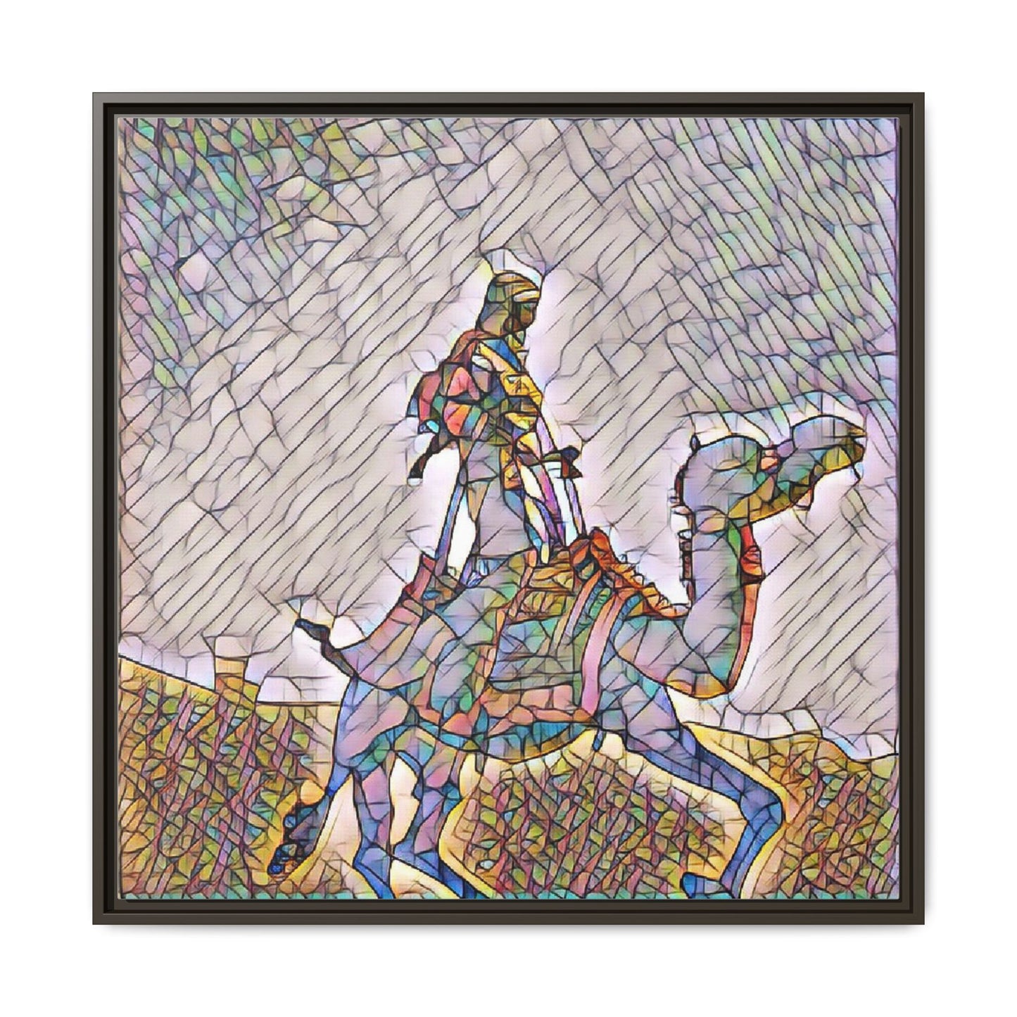 Framed Camel Rider Matte Canvas Art — Colorful Mosaic Desert Wall Decor