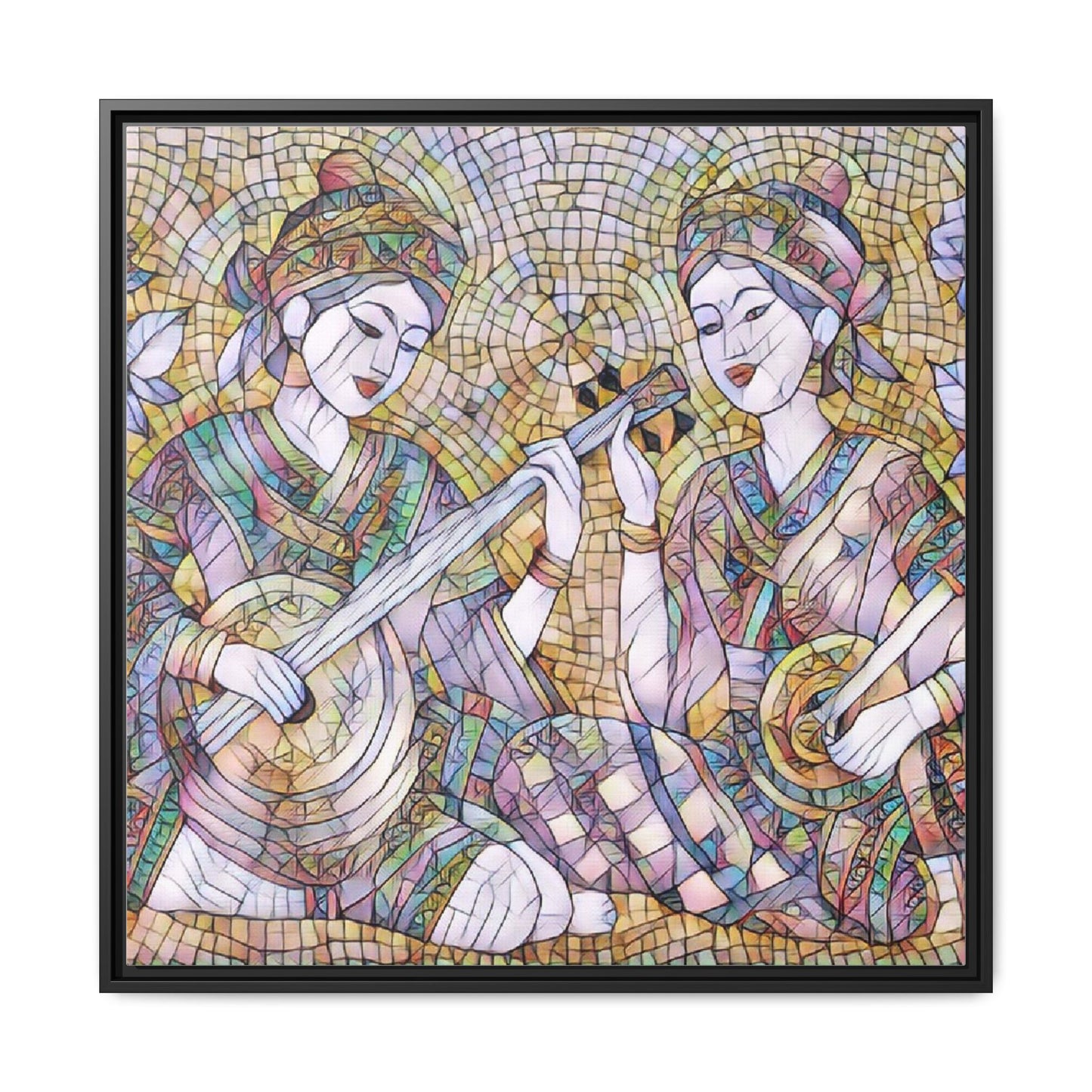Framed Mosaic Musician Canvas Art — Ethnic Duo Wall Decor