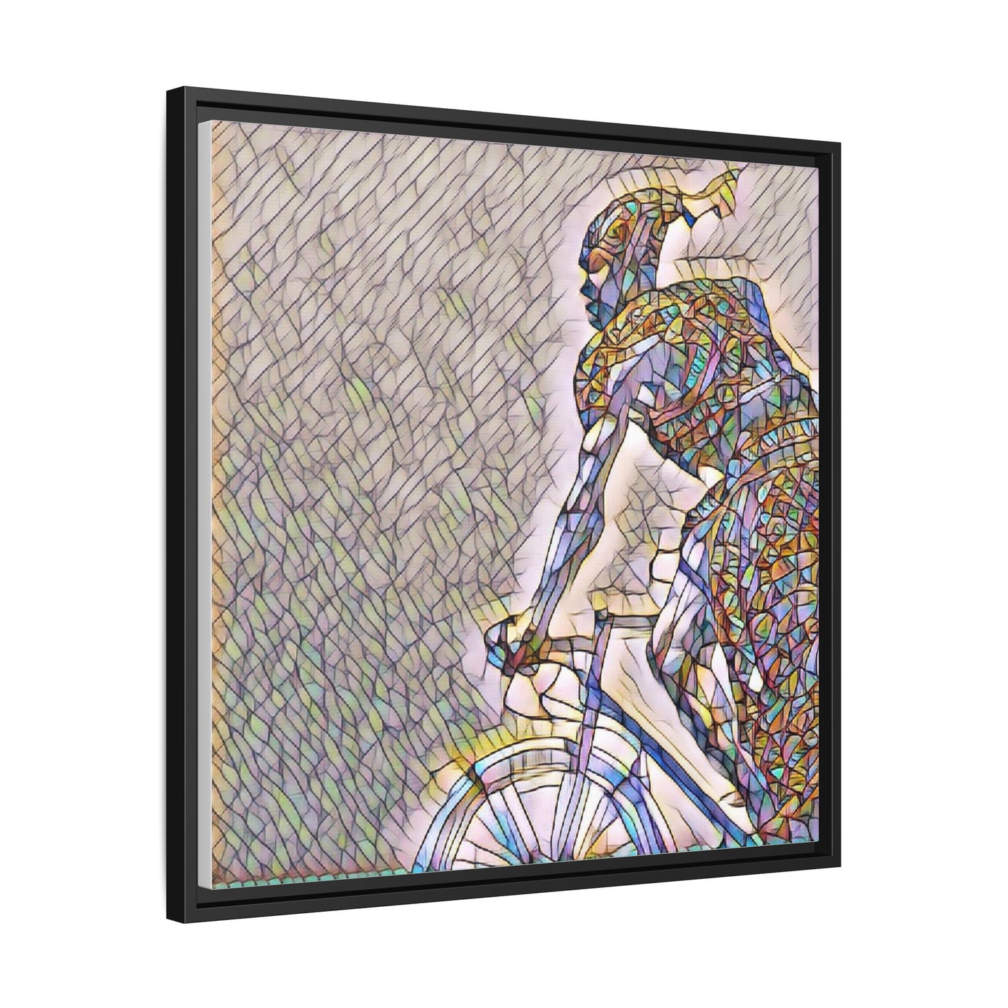 Cyclist Mosaic Matte Canvas Print — Framed Multicolor Bike Art
