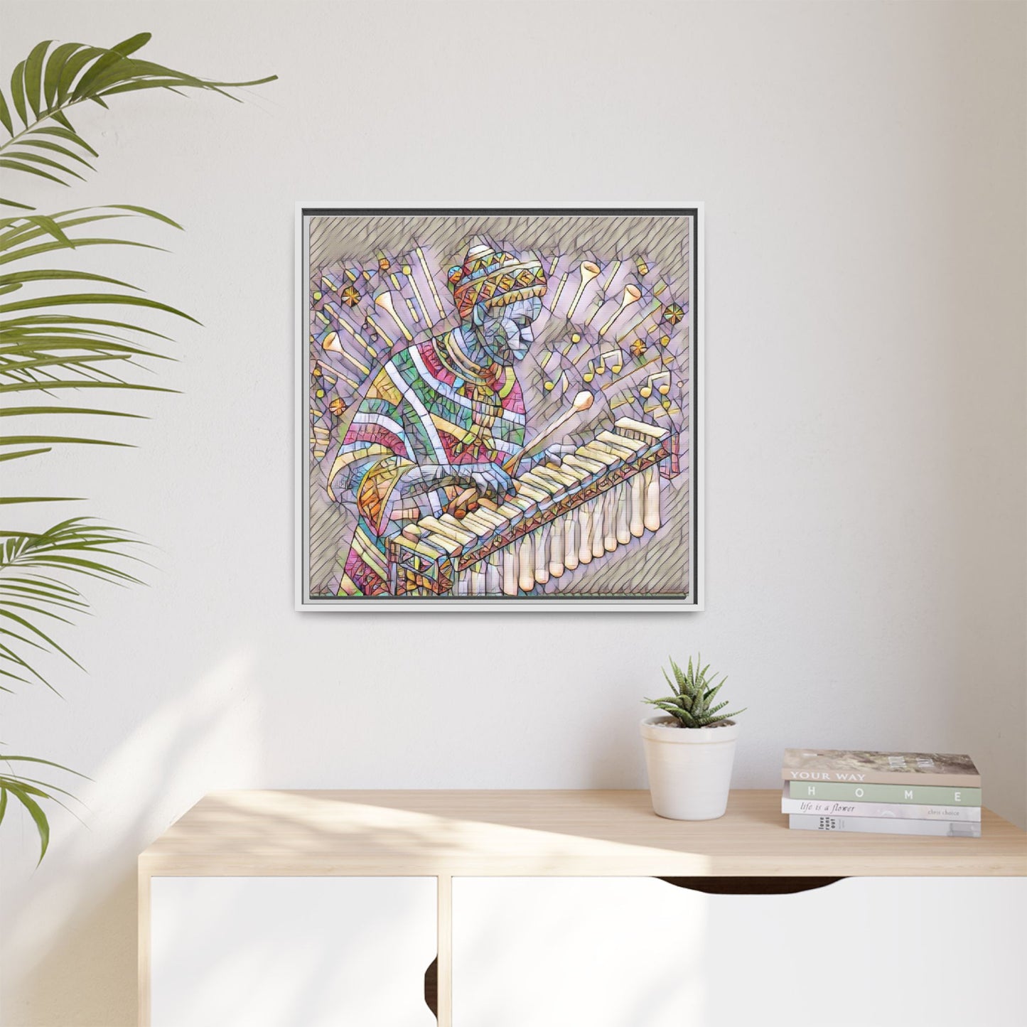 Colorful Marimba Musician Matte Framed Canvas — Vibrant African Instrument Wall Art