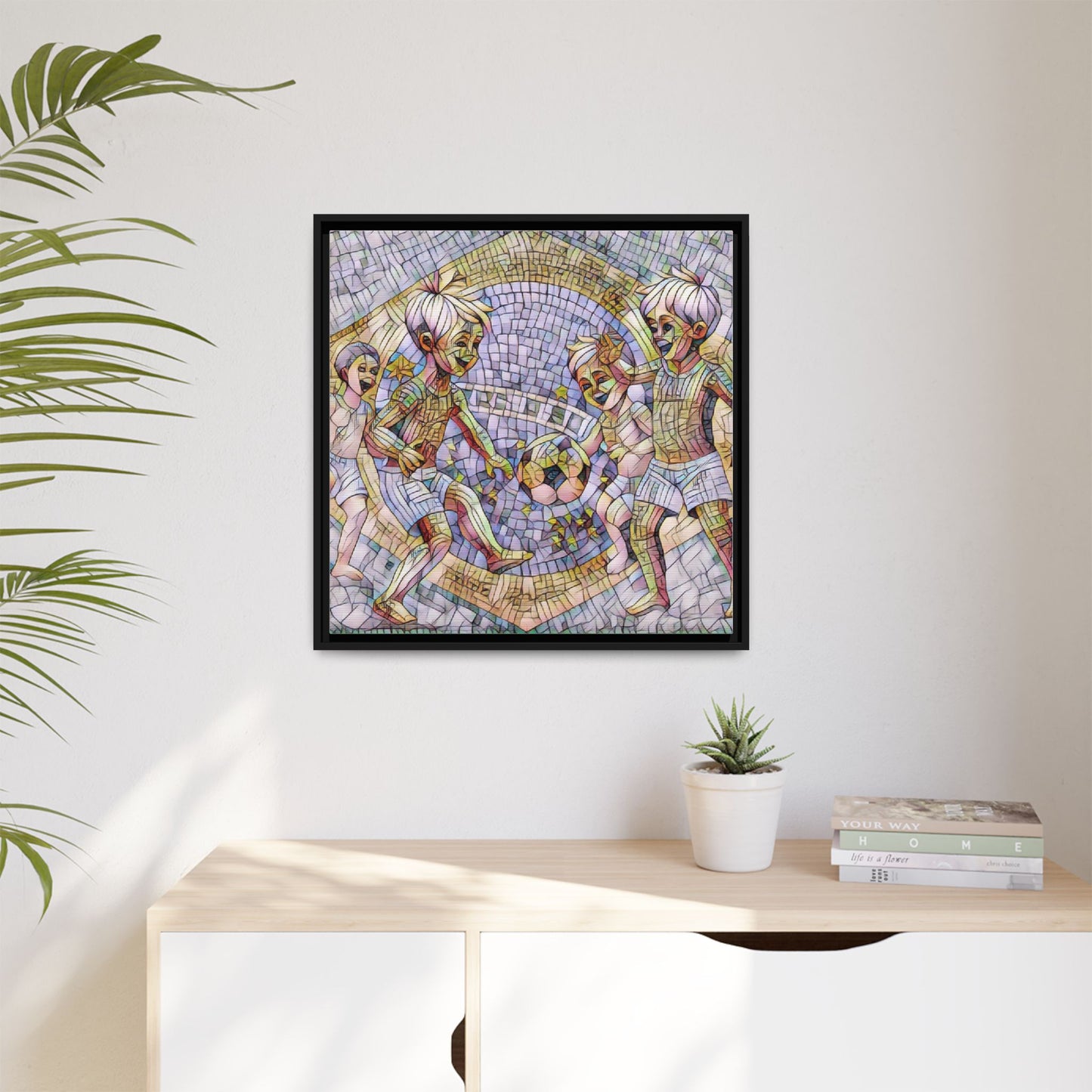 Framed Matte Canvas – Vintage Mosaic Kids Playing Soccer Art